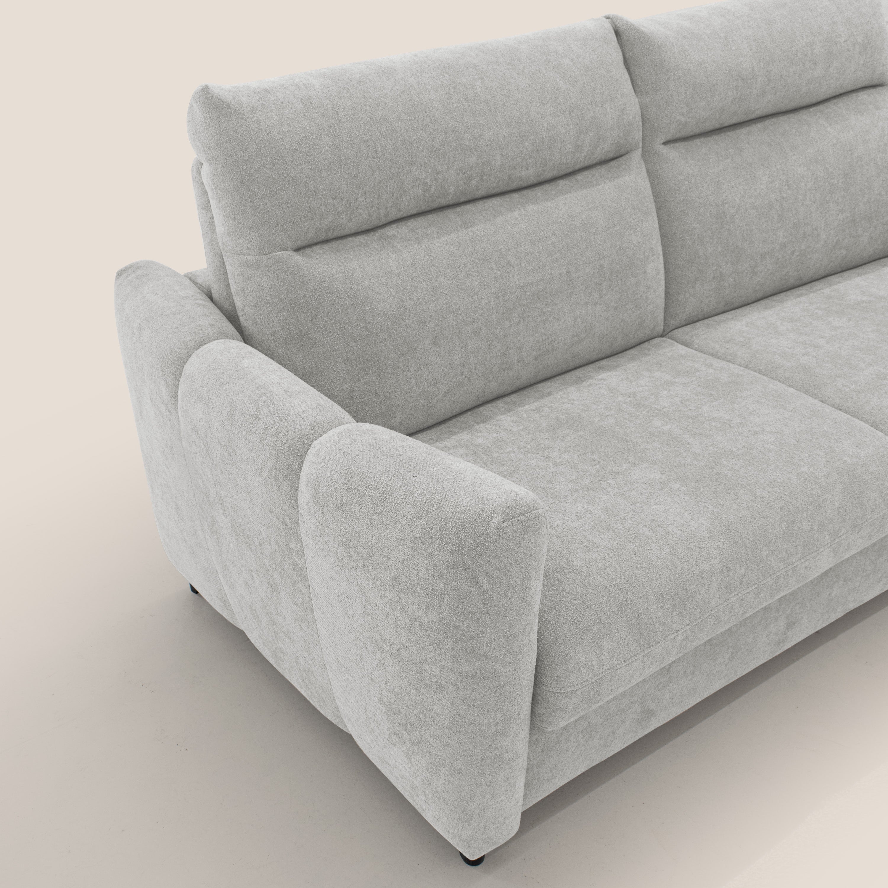 Peonia divano letto scandinavo con materasso H18 cm e morbido e alto schienale in tessuto Bouclé impermeabile T07 grigio - divani.store