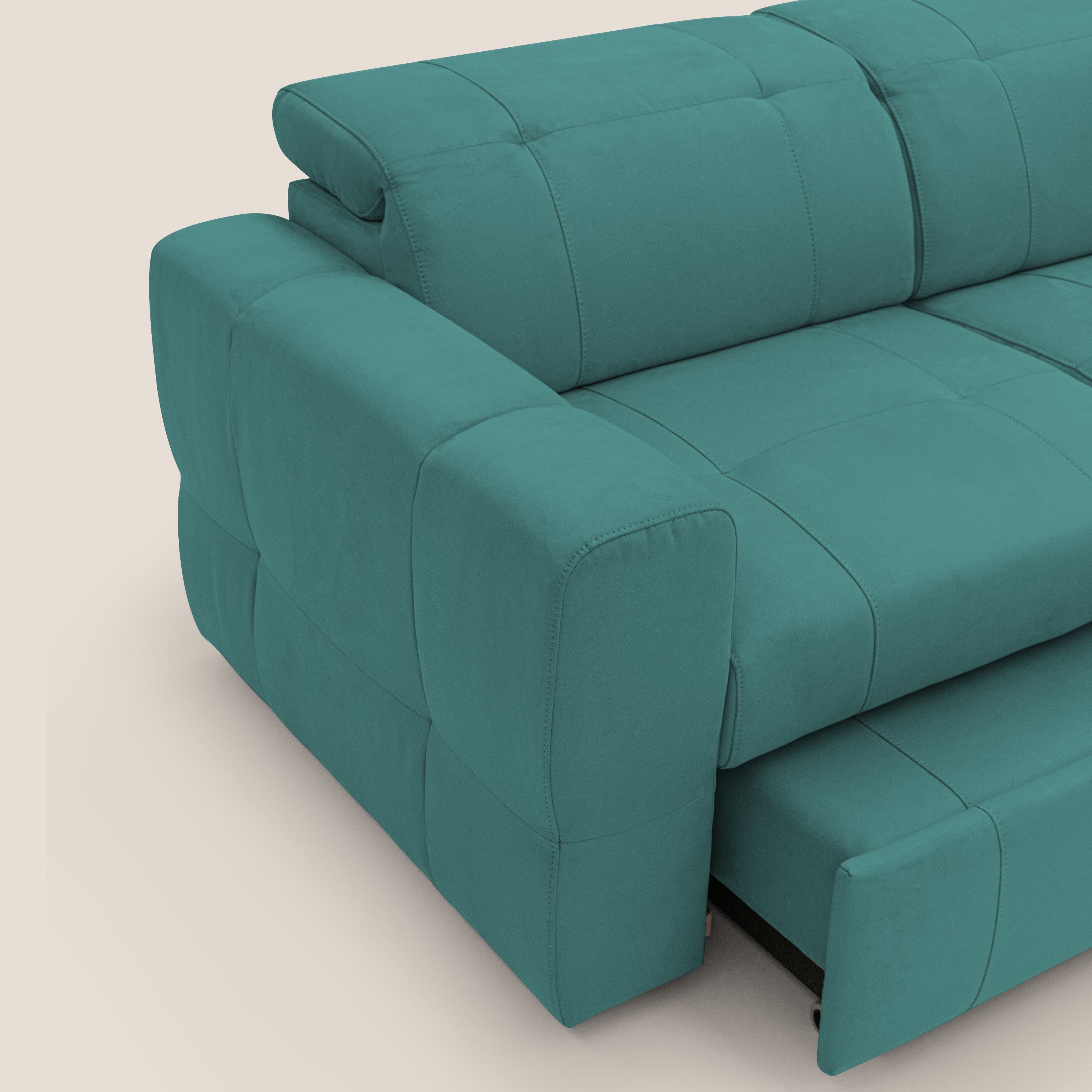 Kronos Divano angolare con poggiapiedi estraibile e pouf contenitore mobile in microfibra impermeabile T11 petrolio - divani.store