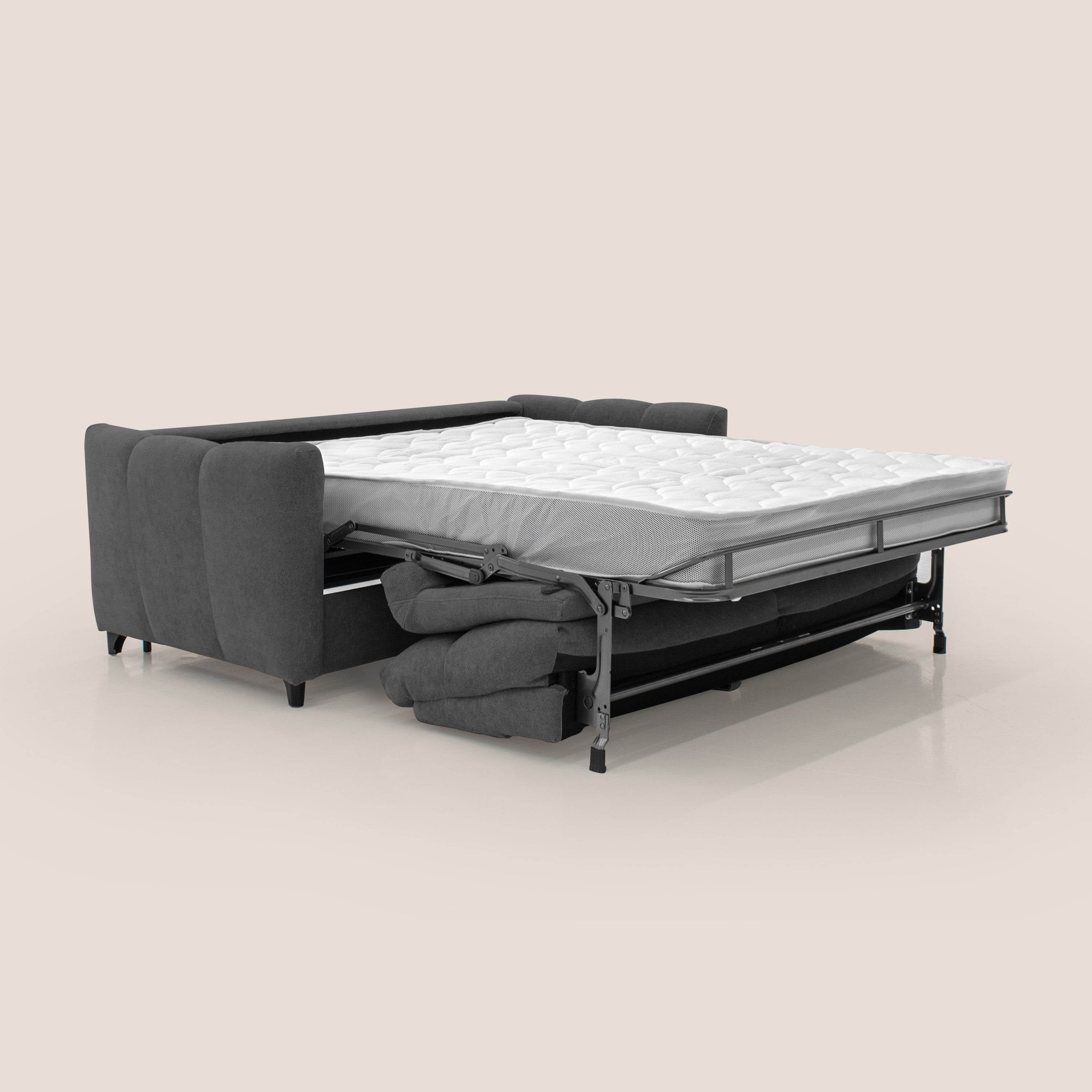 Peonia divano letto scandinavo con materasso H18 cm e morbido e alto schienale in tessuto Bouclé impermeabile T07 antracite - divani.store