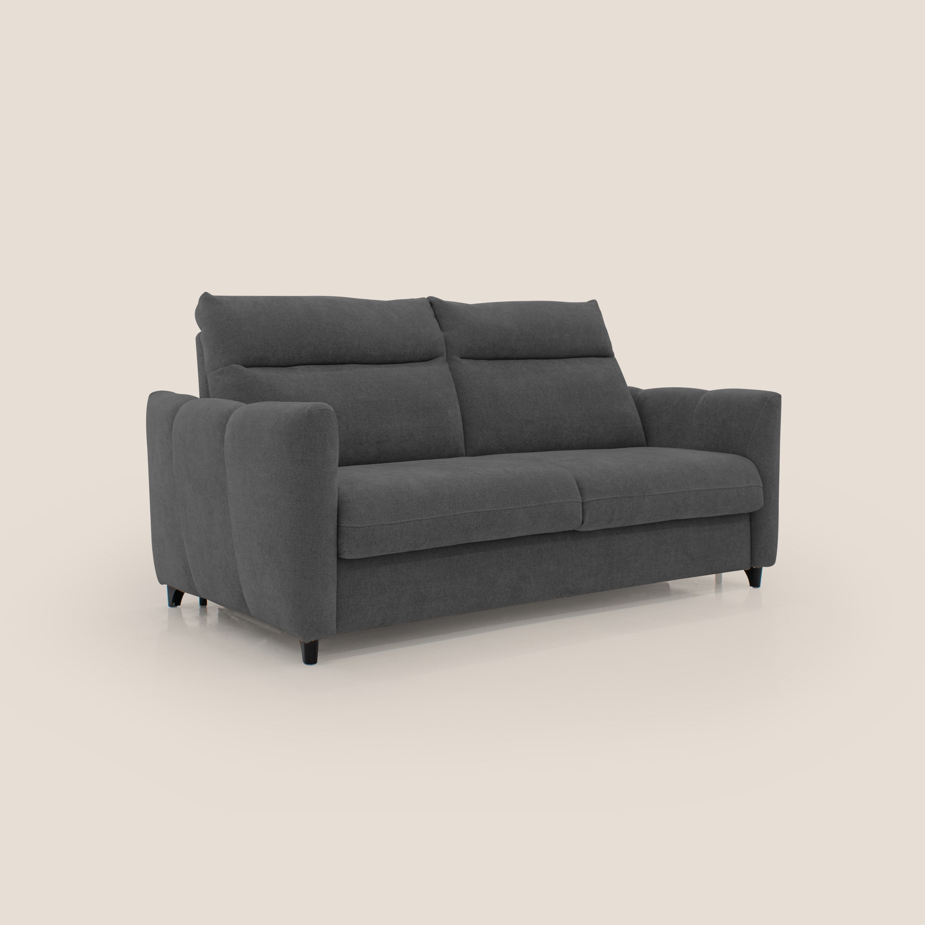 Peonia divano letto scandinavo con materasso H18 cm e morbido e alto schienale in tessuto Bouclé impermeabile T07 antracite - divani.store