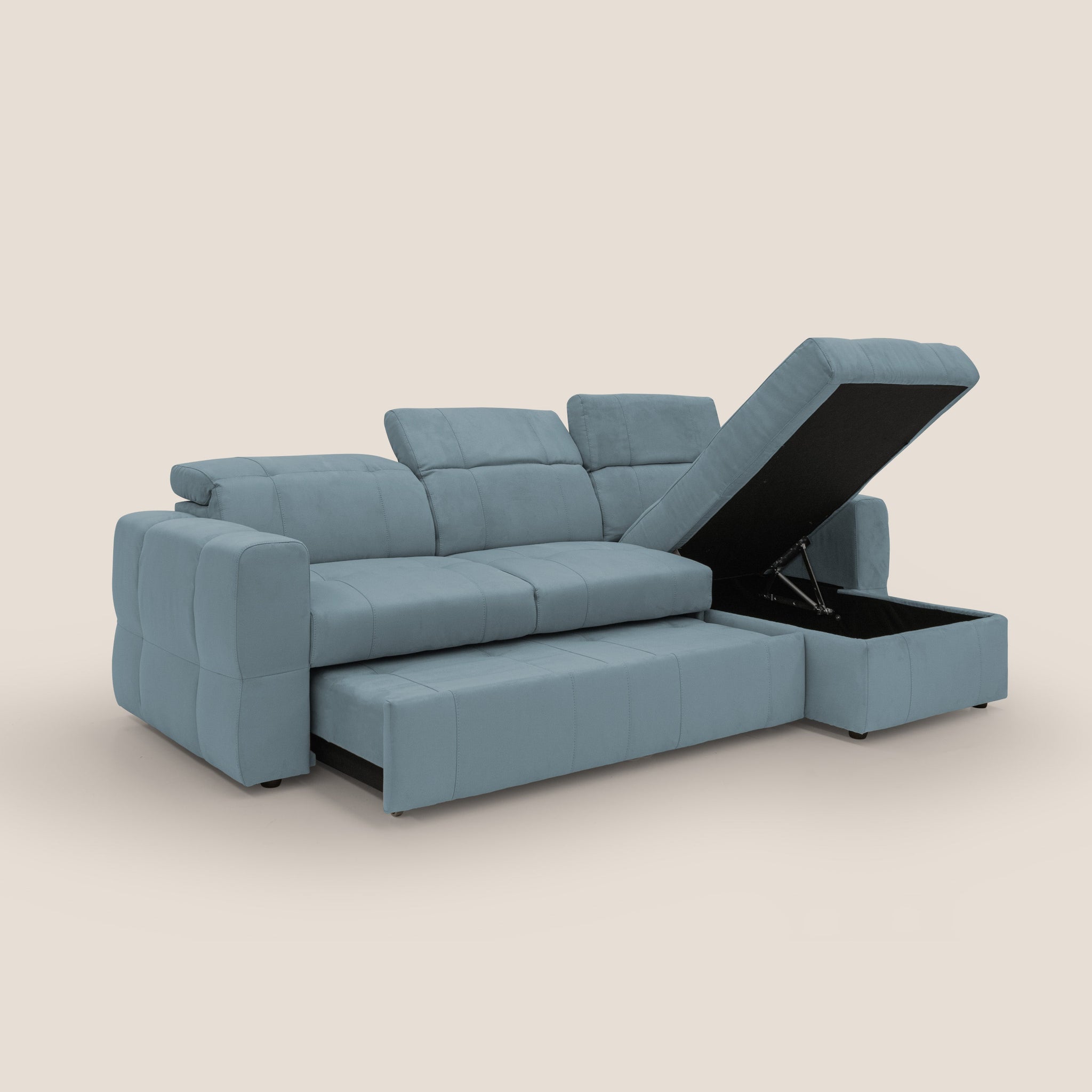 Kronos Ecksofa mit ausziehbarer Ottomane und Staufach aus wasserfester Mikrofaser T11