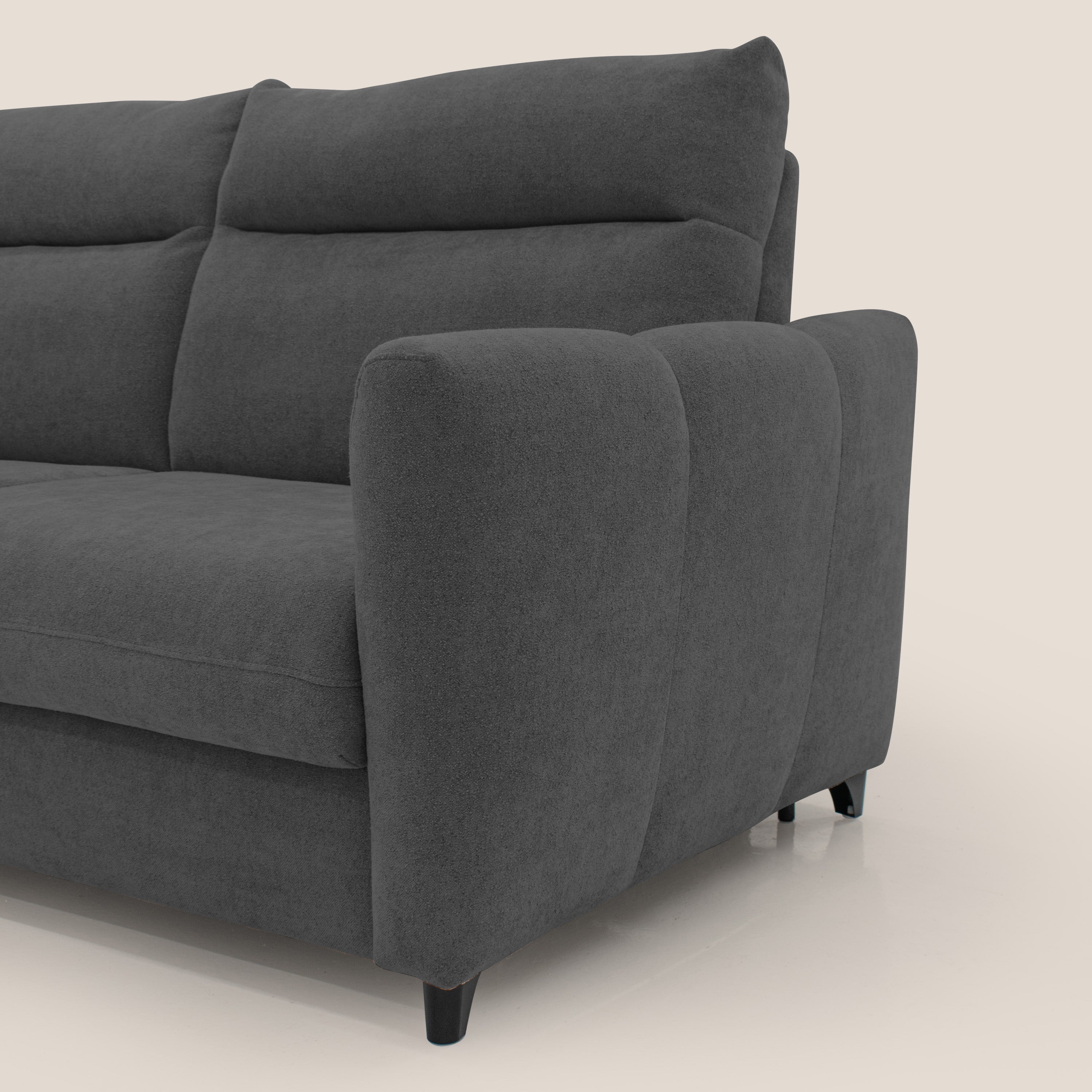 Peonia divano letto scandinavo con materasso H18 cm e morbido e alto schienale in tessuto Bouclé impermeabile T07 antracite - divani.store