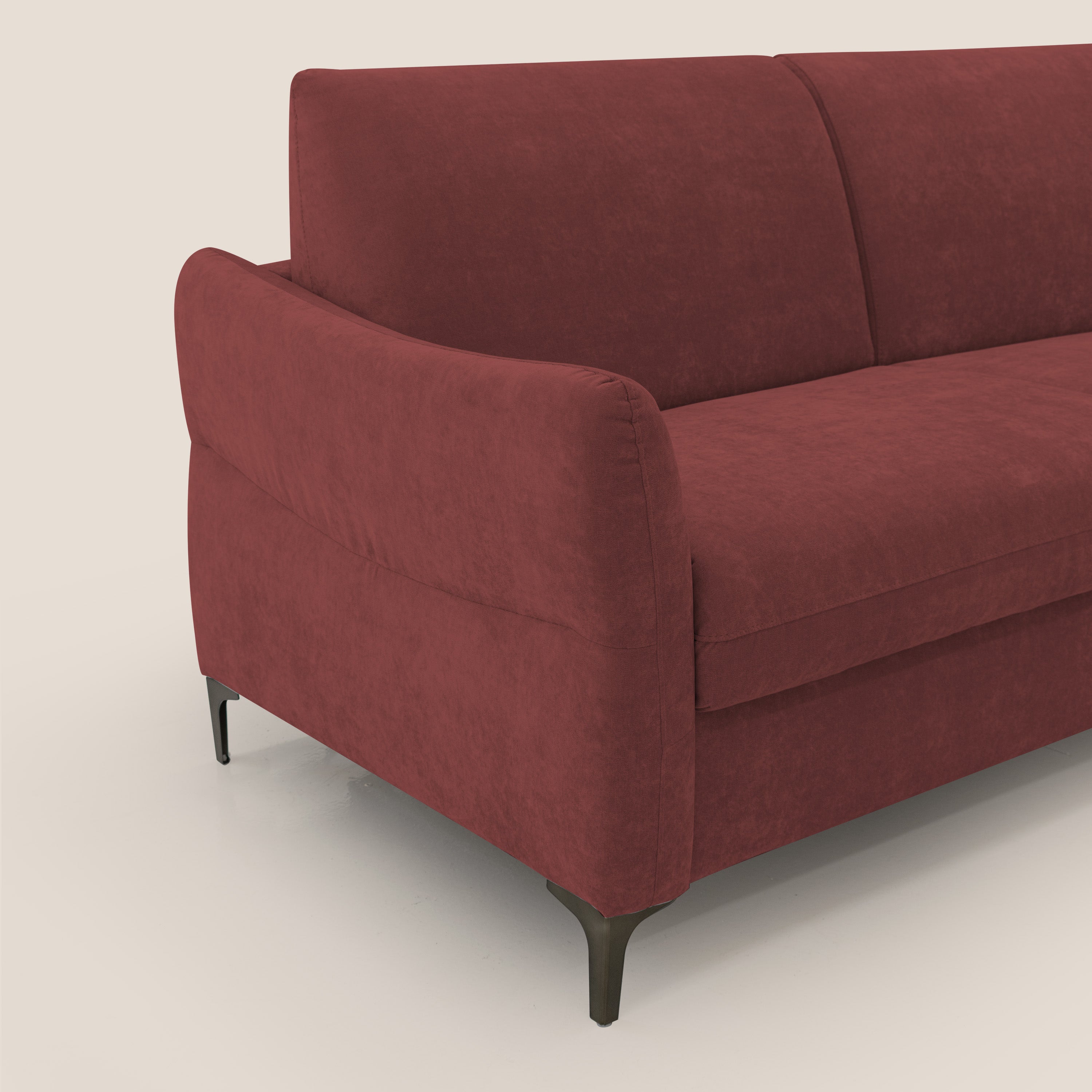 Dalia divano letto con materasso H18 cm e piedi alti in raffinato tessuto smacchiabile T17 rosso - divani.store