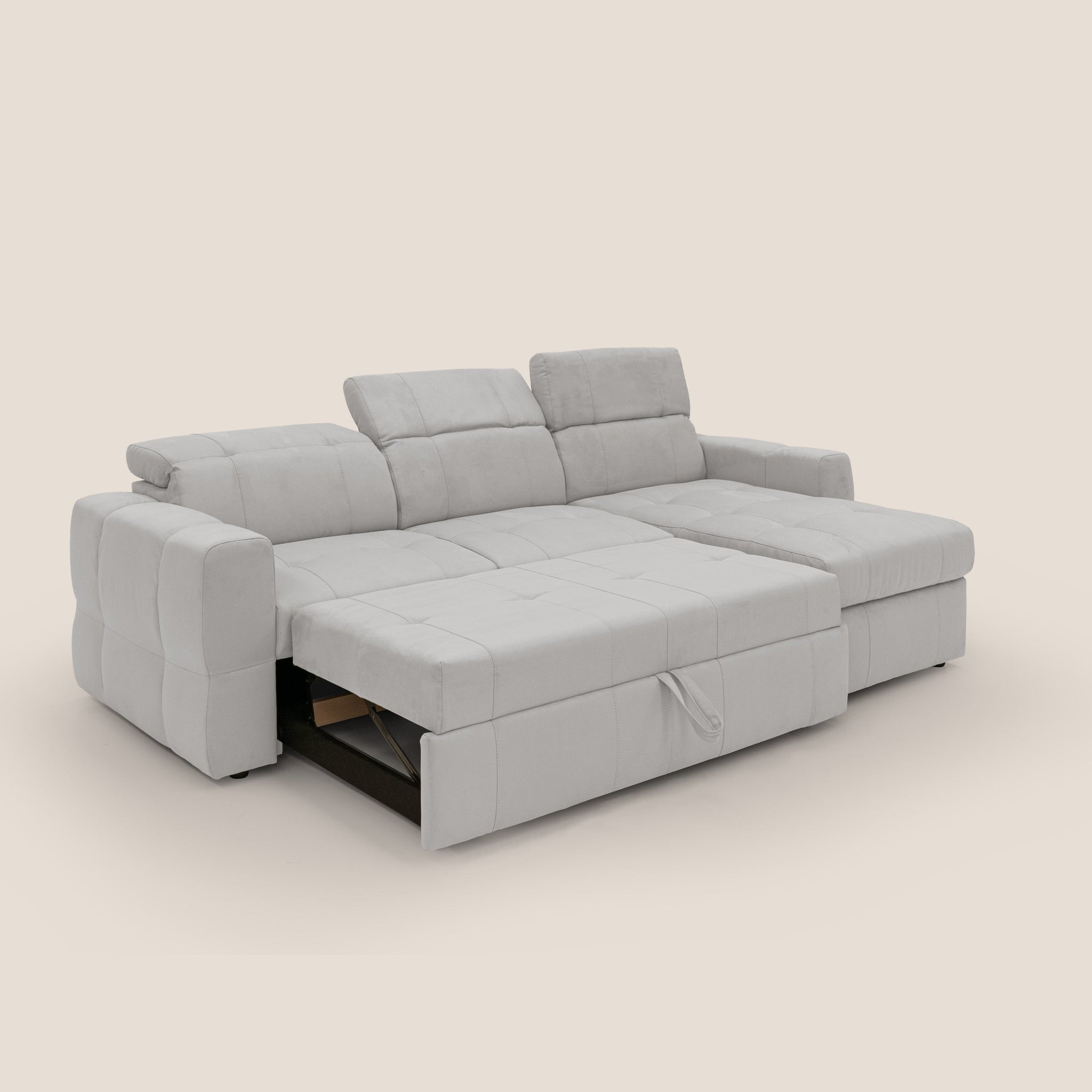 Kronos Ecksofa mit ausziehbarer Ottomane und Staufach aus wasserfester Mikrofaser T11