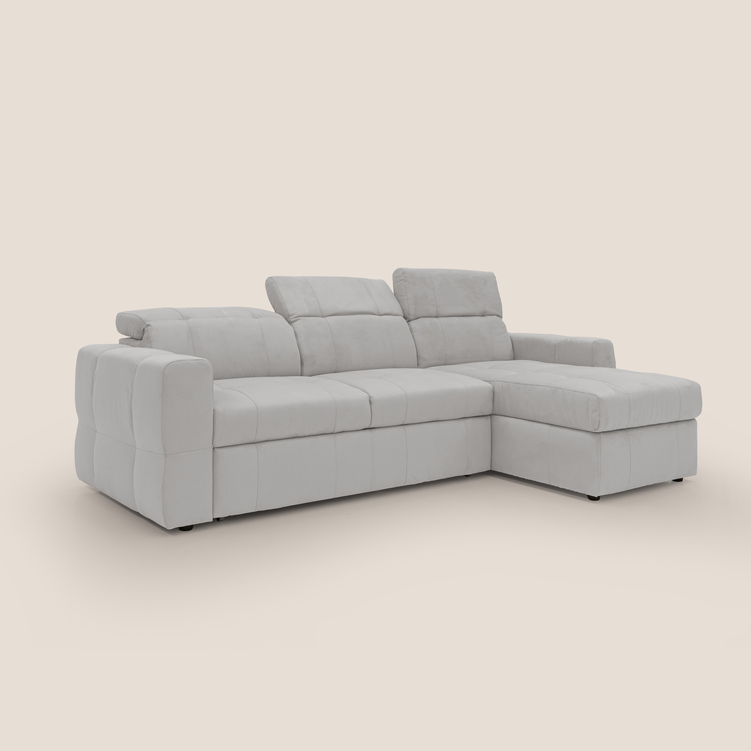 Kronos Divano angolare con pouf estraibile e penisola contenitore in microfibra impermeabile T11 grigio chiaro - divani.store