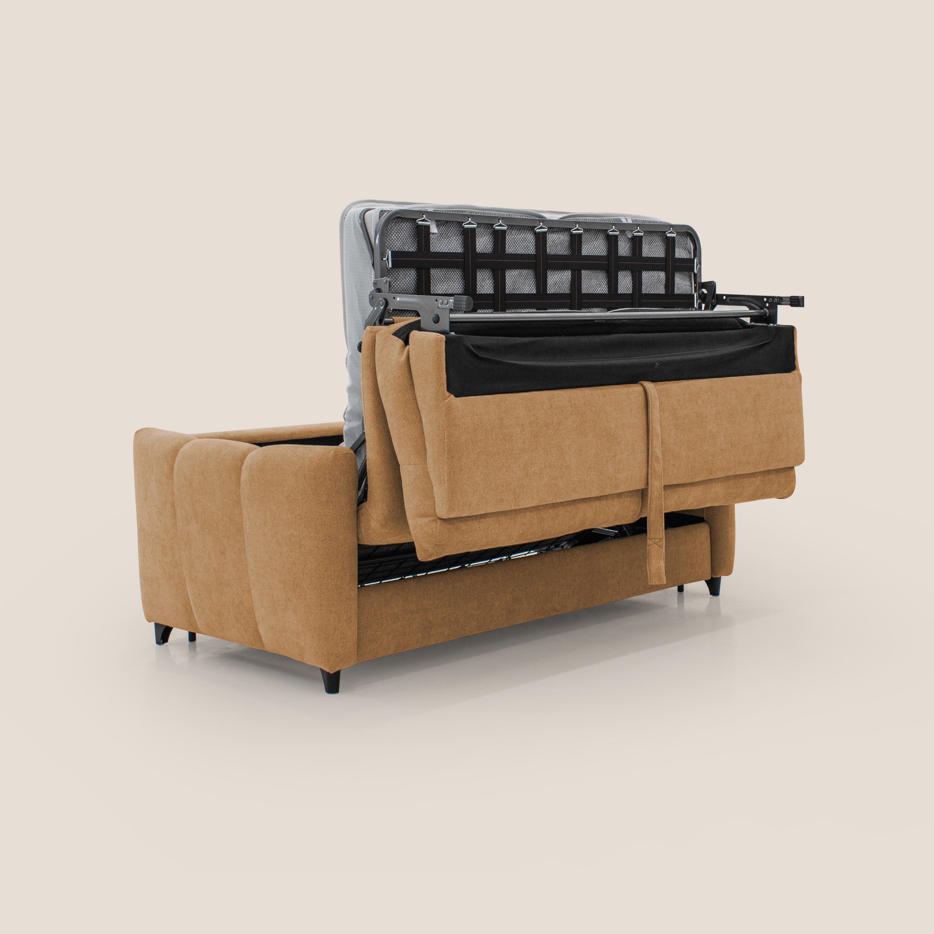 Peonia divano letto scandinavo con materasso H18 cm e morbido e alto schienale in tessuto Bouclé impermeabile T07 arancio - divani.store