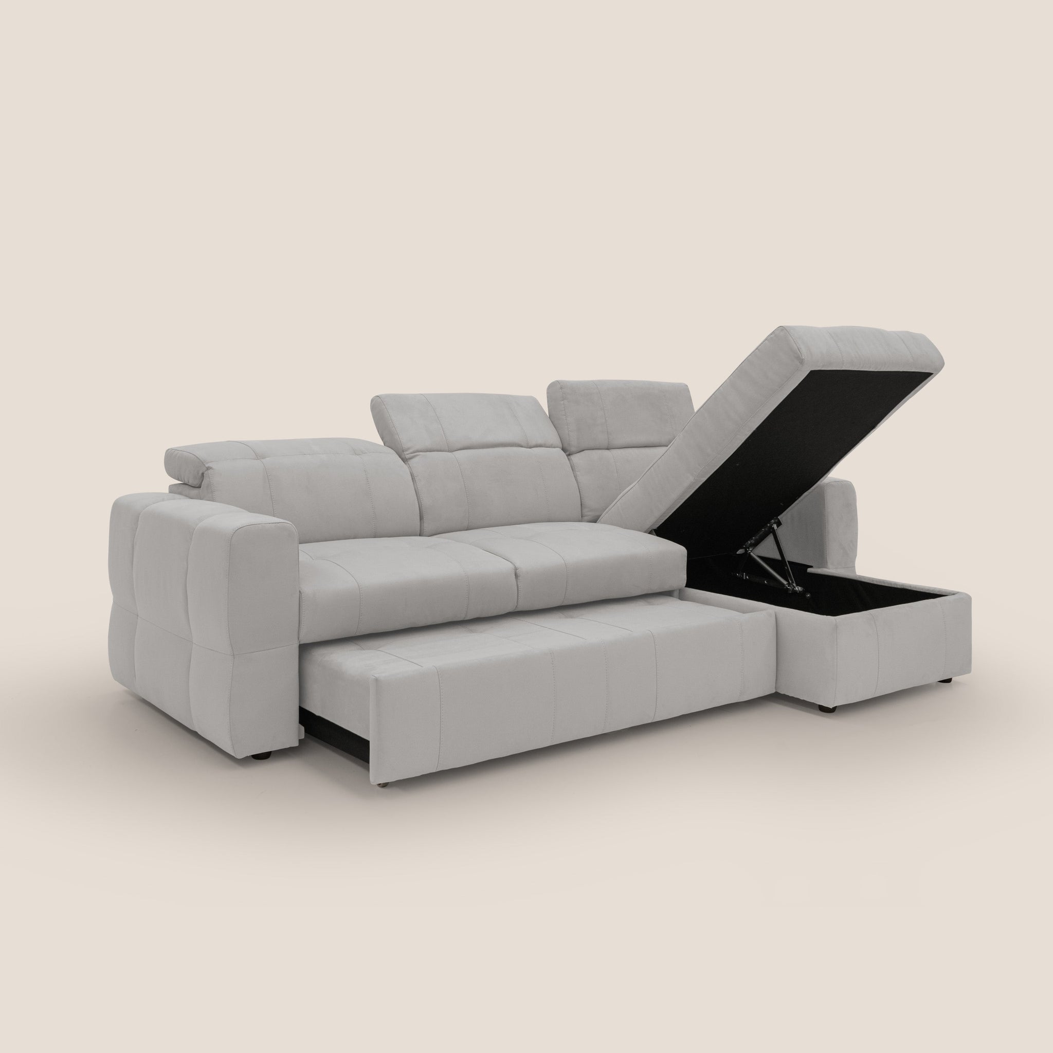 Kronos Ecksofa mit ausziehbarer Ottomane und Staufach aus wasserfester Mikrofaser T11