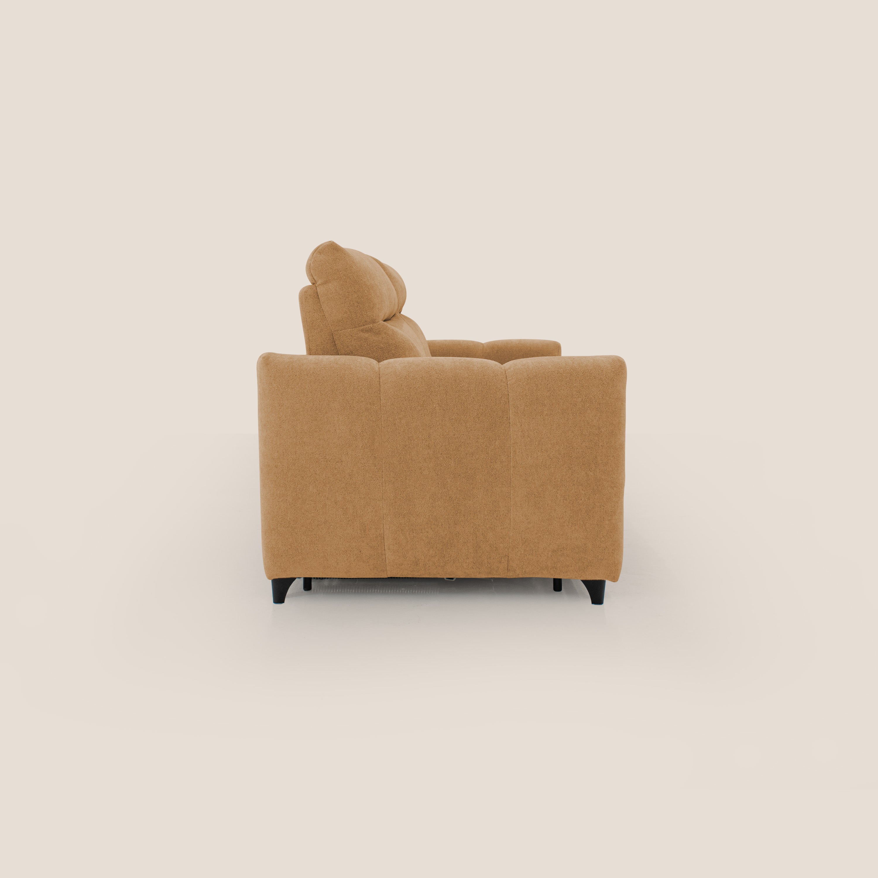 Peonia divano letto scandinavo con materasso H18 cm e morbido e alto schienale in tessuto Bouclé impermeabile T07 arancio - divani.store