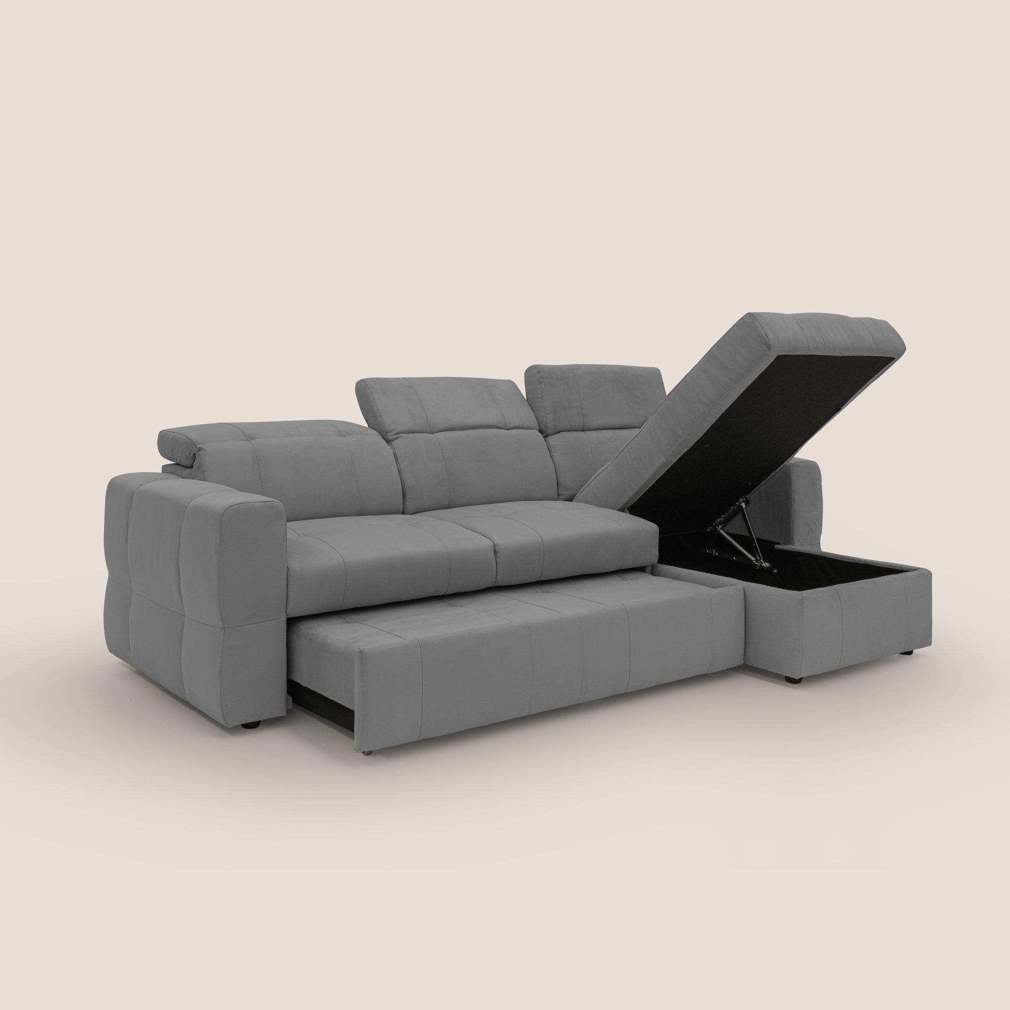 Kronos Ecksofa mit ausziehbarer Ottomane und Staufach aus wasserfester Mikrofaser T11