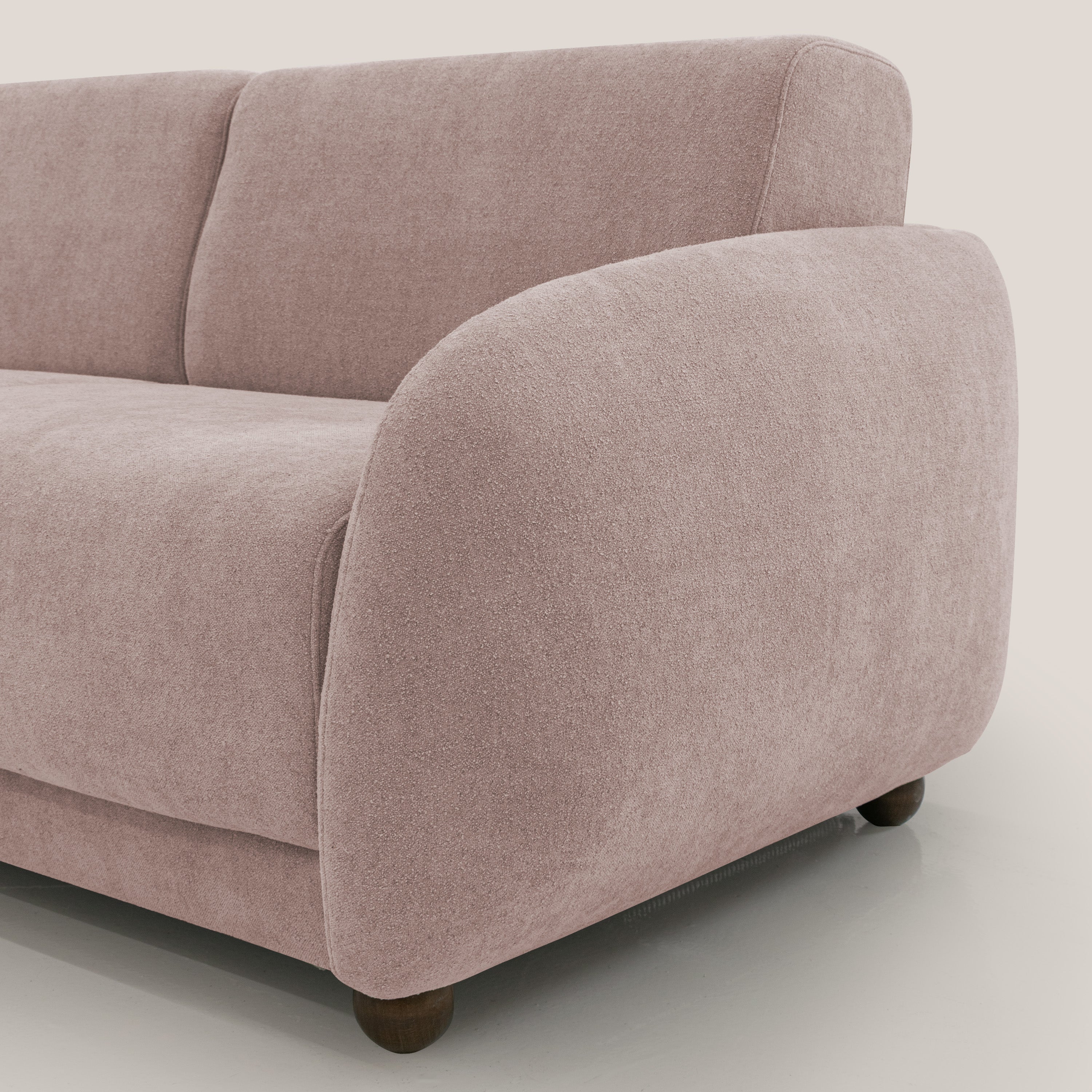 Giglio divano letto scandinavo japandi con materasso H18 cm in tessuto Bouclé impermeabile T07 rosa - divani.store