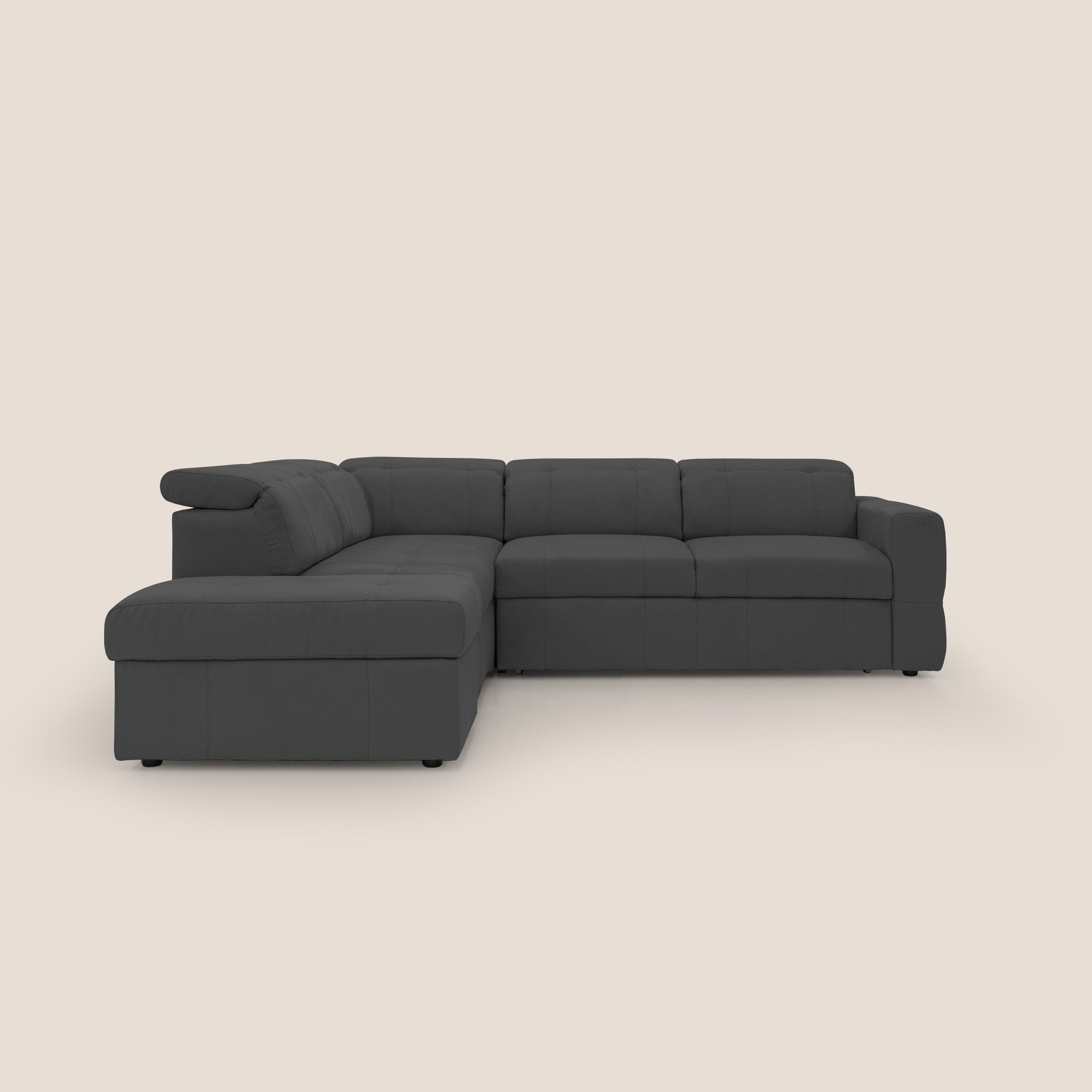 Kronos Ecksofa mit ausziehbarer Ottomane und mobilem Hocker mit Staufach aus wasserfester Mikrofaser T11