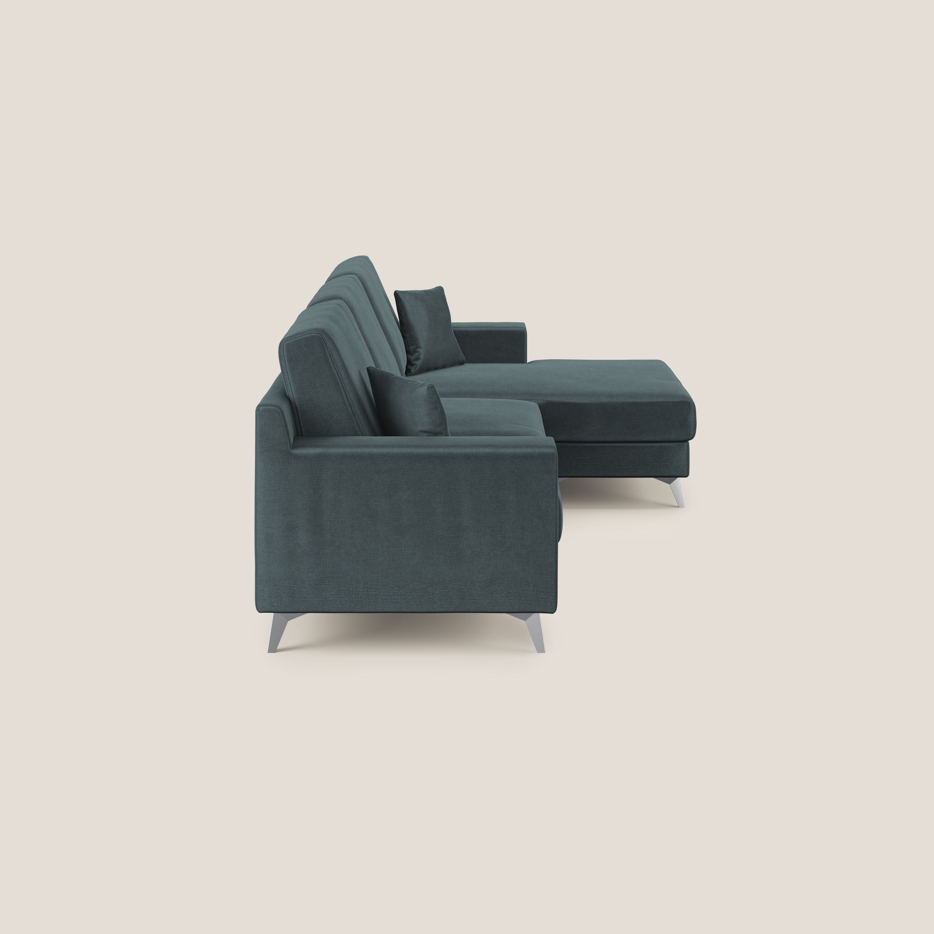 Michael divano moderno angolare con penisola in morbido velluto impermeabile T01 petrolio - divani.store