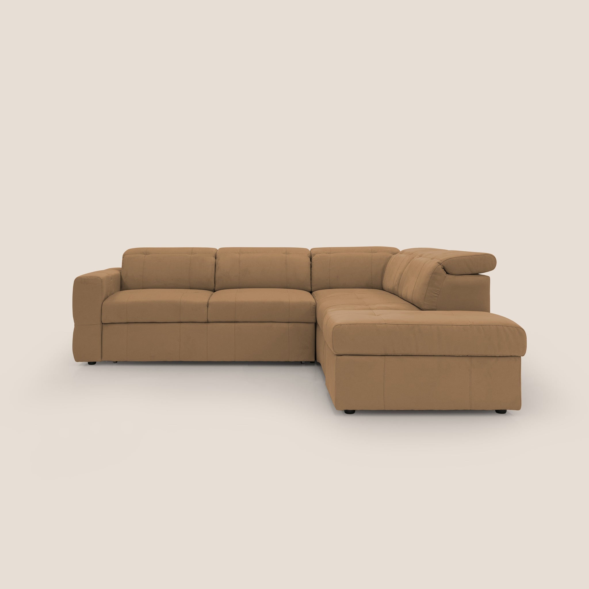 Kronos Ecksofa mit ausziehbarer Ottomane und mobilem Hocker mit Staufach aus wasserfester Mikrofaser T11