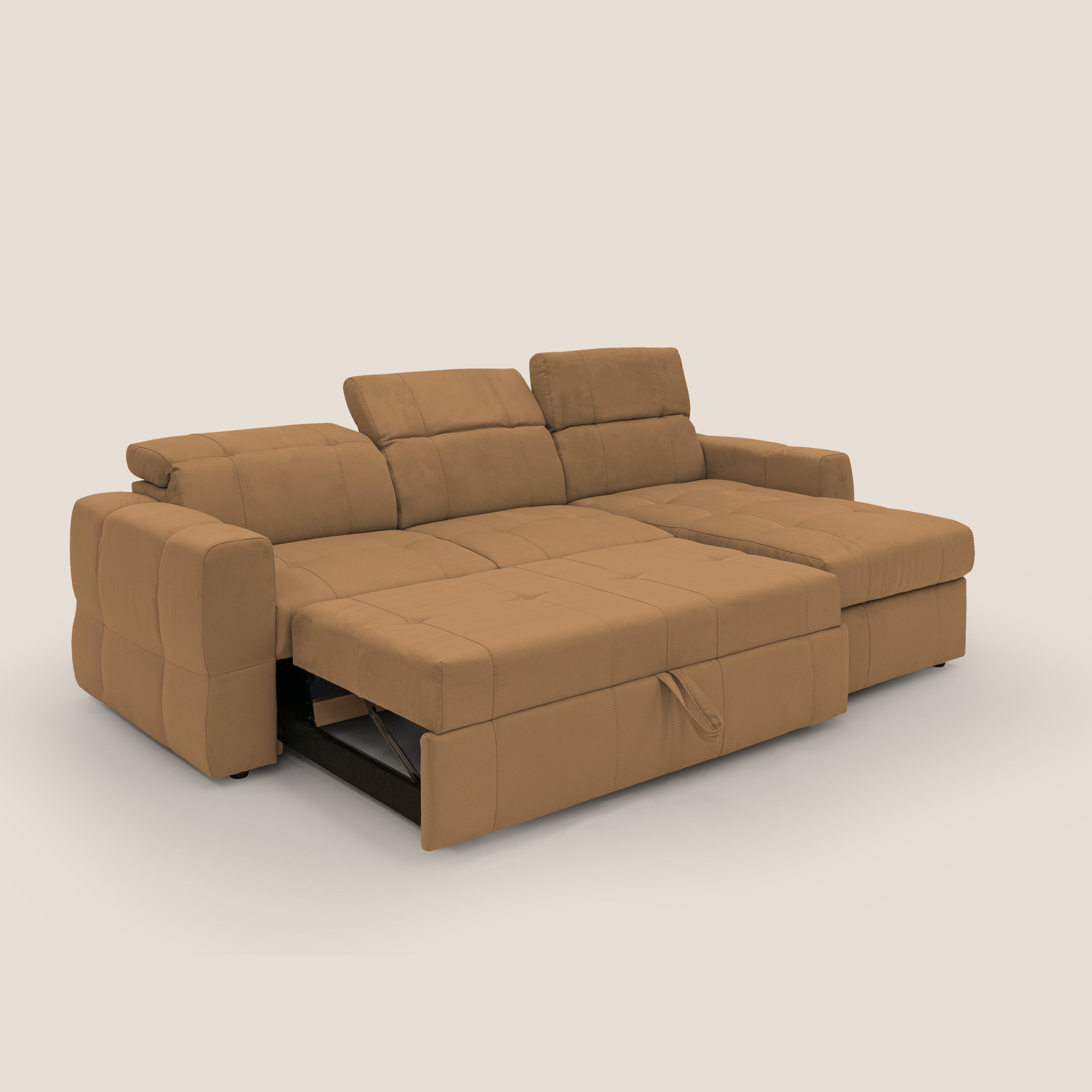 Kronos Divano angolare con pouf estraibile e penisola contenitore in microfibra impermeabile T11 cuoio - divani.store