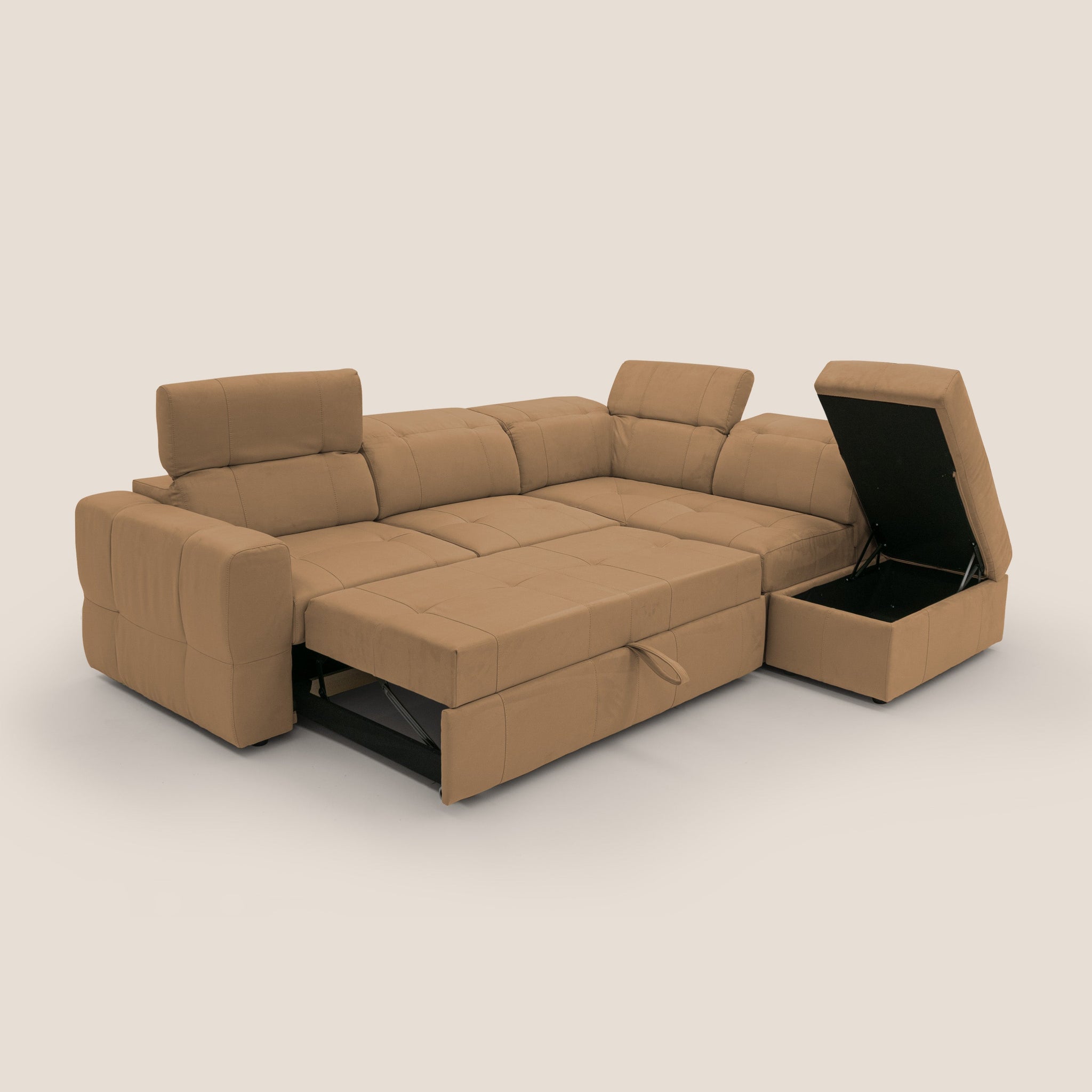 Kronos Ecksofa mit ausziehbarer Ottomane und mobilem Hocker mit Staufach aus wasserfester Mikrofaser T11