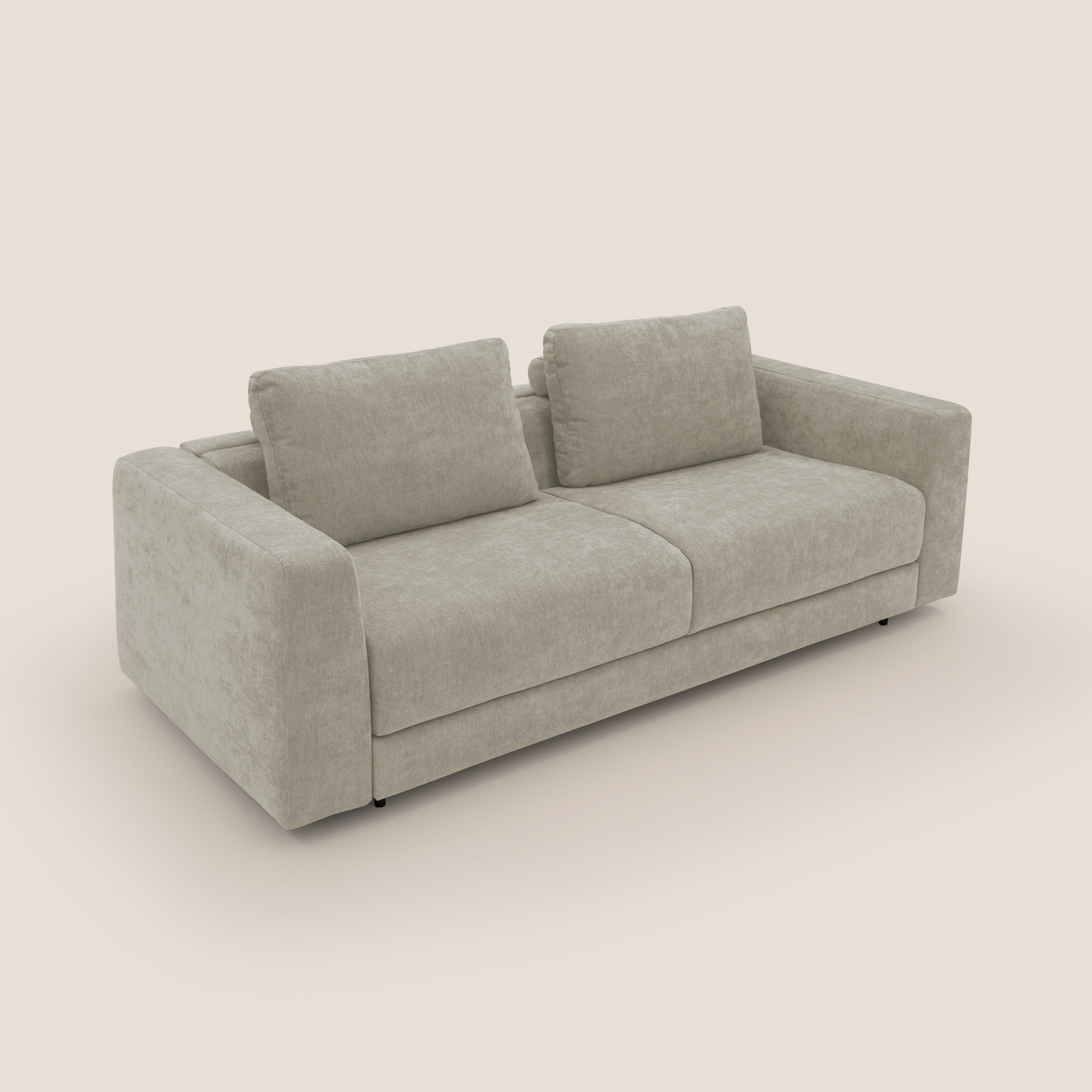 Freia Divano letto minimal materasso h15 cm con morbidi schienali in tessuto impermeabile T14 panna - divani.store