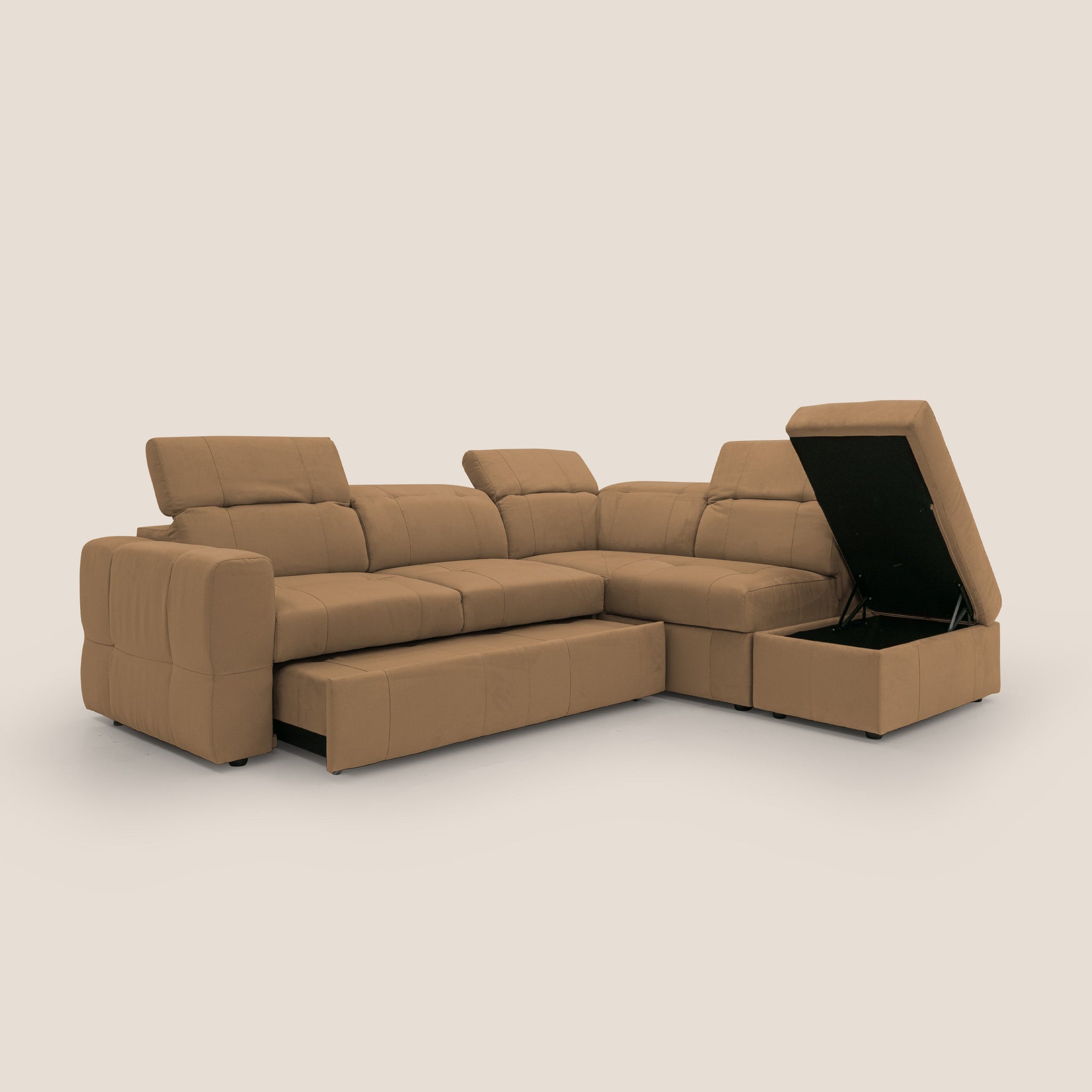 Kronos Ecksofa mit ausziehbarer Ottomane und mobilem Hocker mit Staufach aus wasserfester Mikrofaser T11