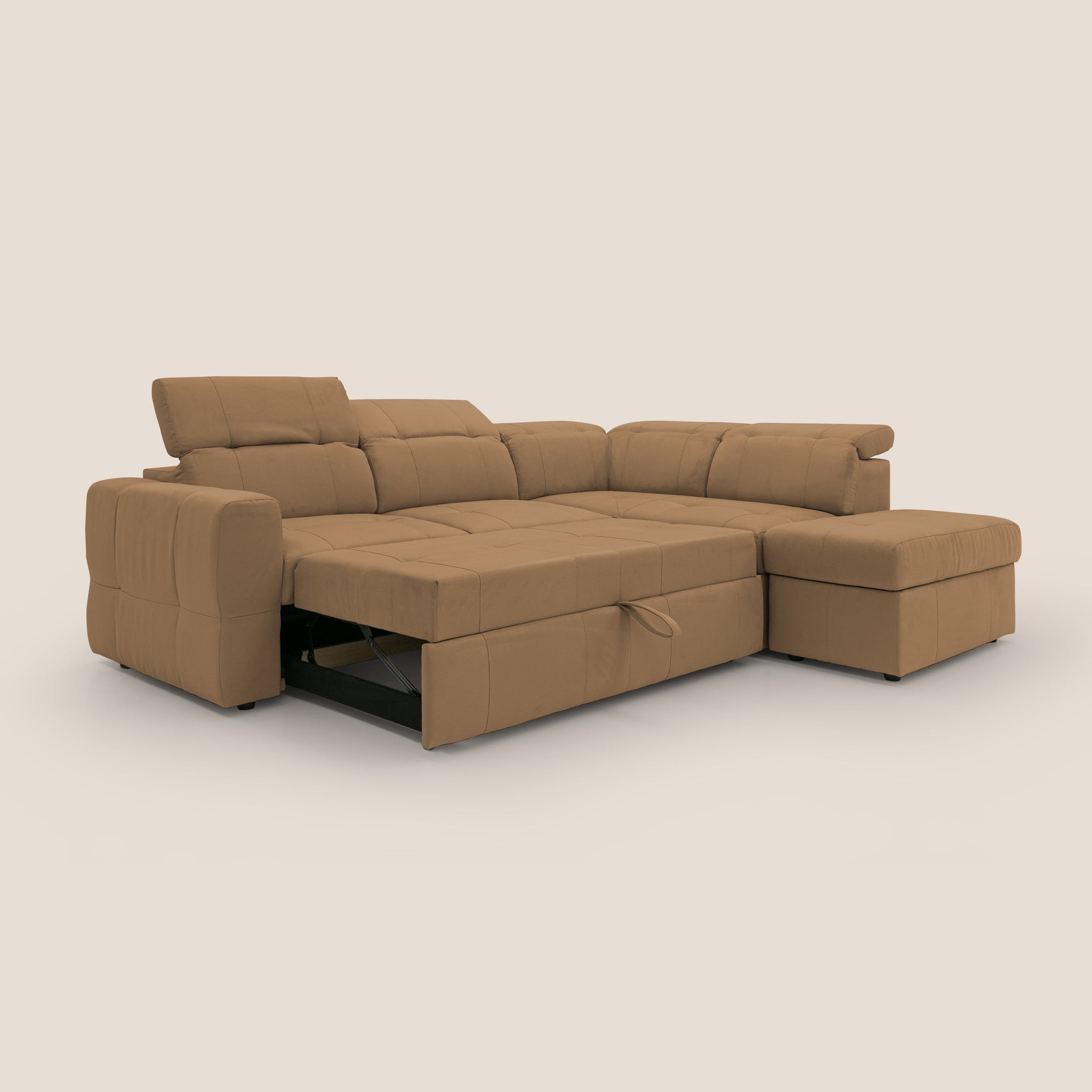 Kronos Ecksofa mit ausziehbarer Ottomane und mobilem Hocker mit Staufach aus wasserfester Mikrofaser T11