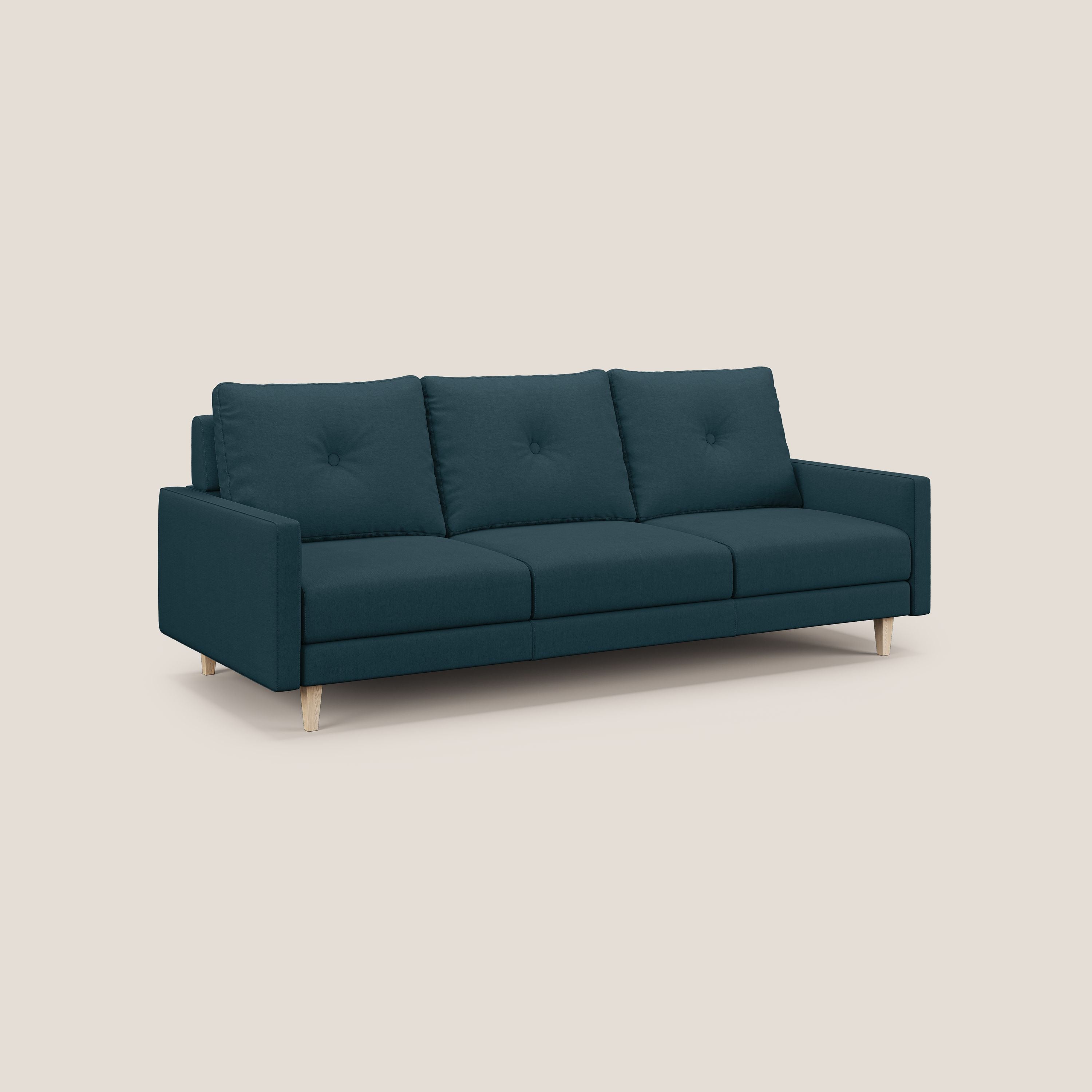 Matisse divano a 3 sedute allungabili e schienali in piuma d'oca in tessuto smacchiabile T17 petrolio - divani.store