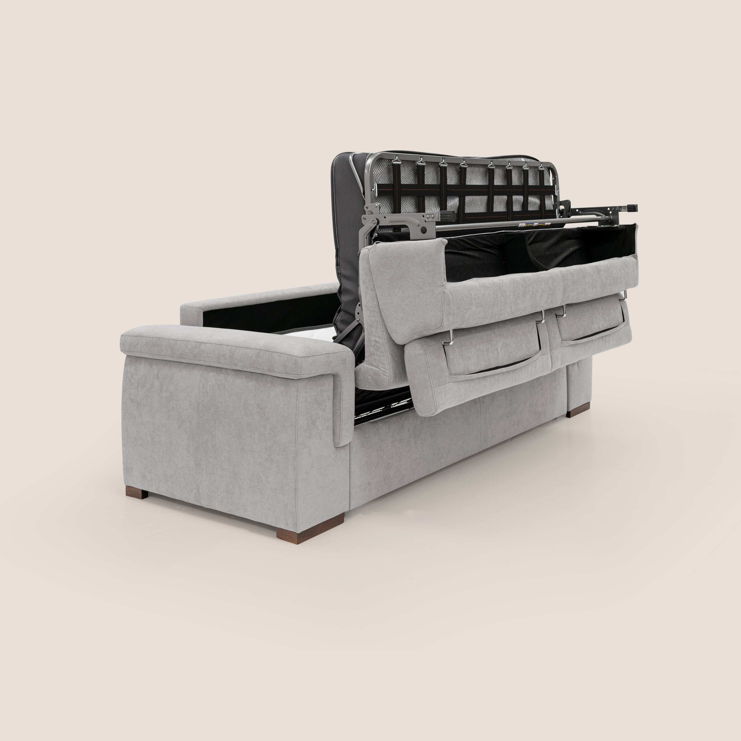 Giunone divano letto con materasso alto 18 cm e poggiatesta reclinabili in tessuto impermeabile T02 grigio chiaro - divani.store