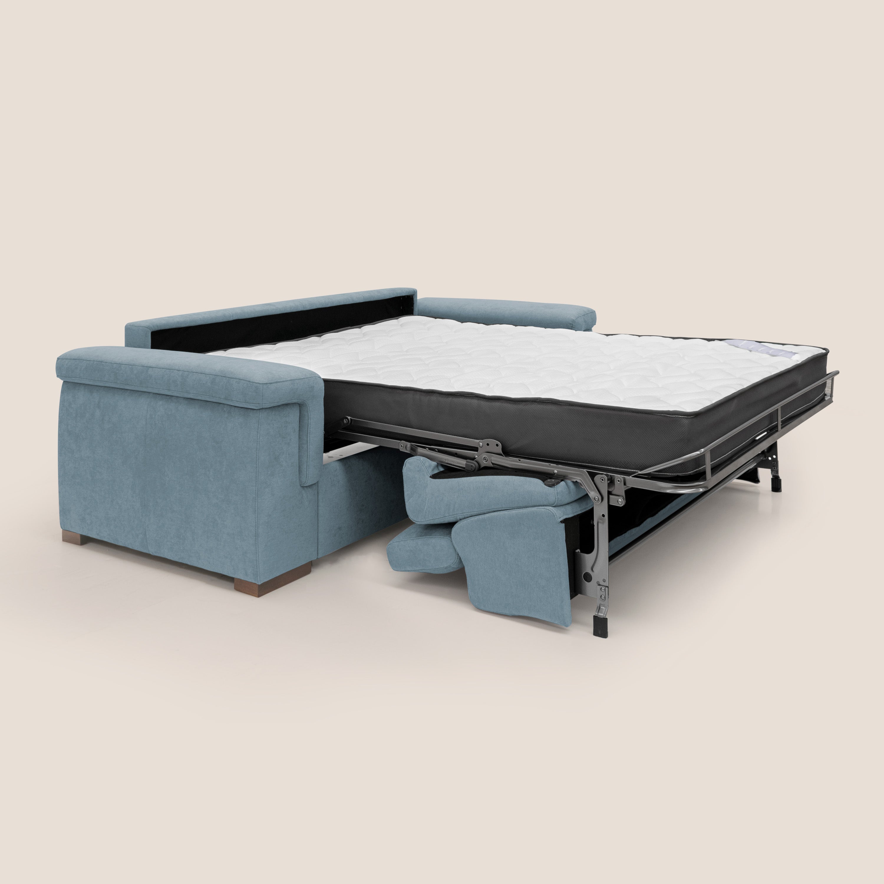 Giunone divano letto con materasso alto 18 cm e poggiatesta reclinabili in tessuto impermeabile T02 carta da zucchero - divani.store