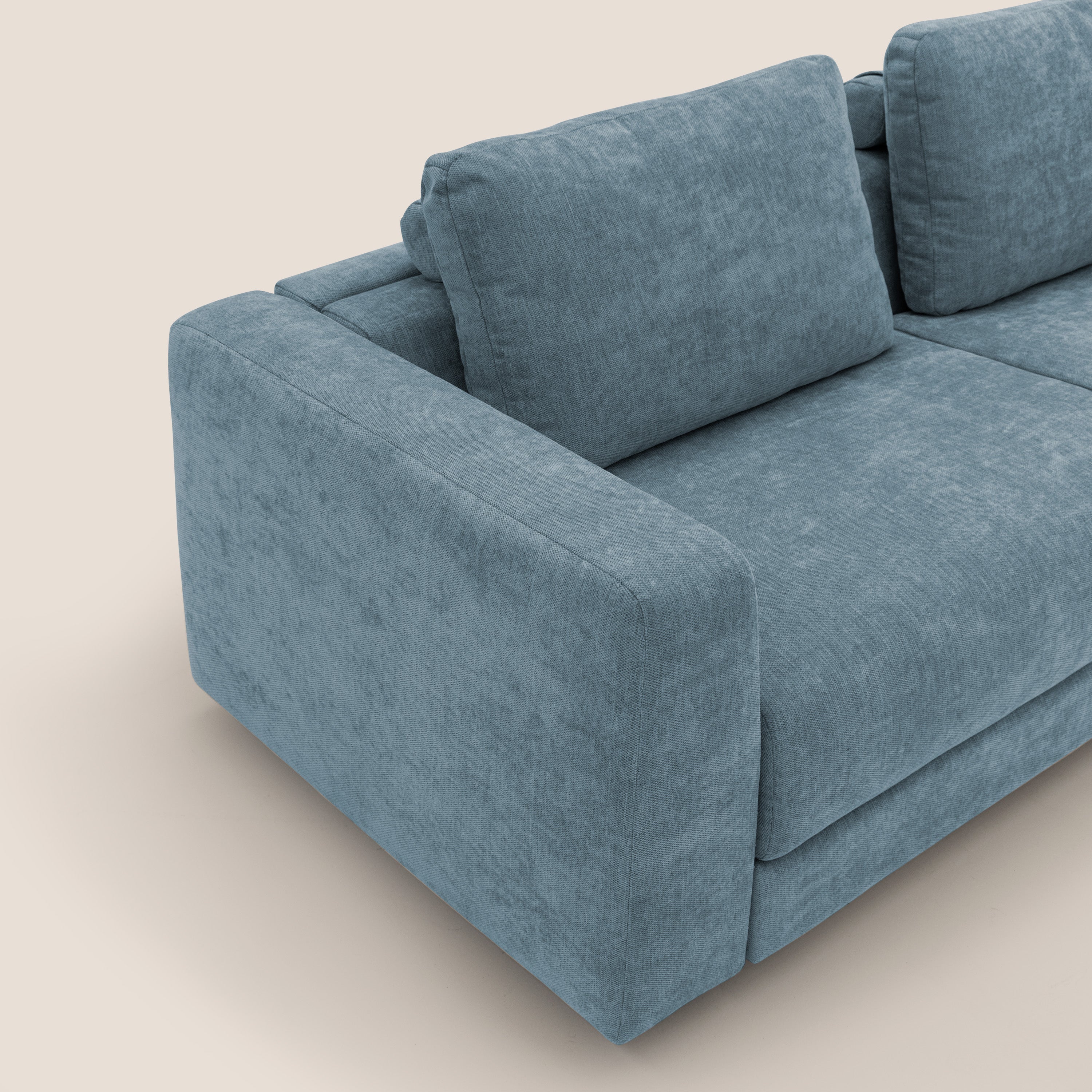 Freia Divano letto minimal materasso h15 cm con morbidi schienali in tessuto impermeabile T14 carta da zucchero - divani.store