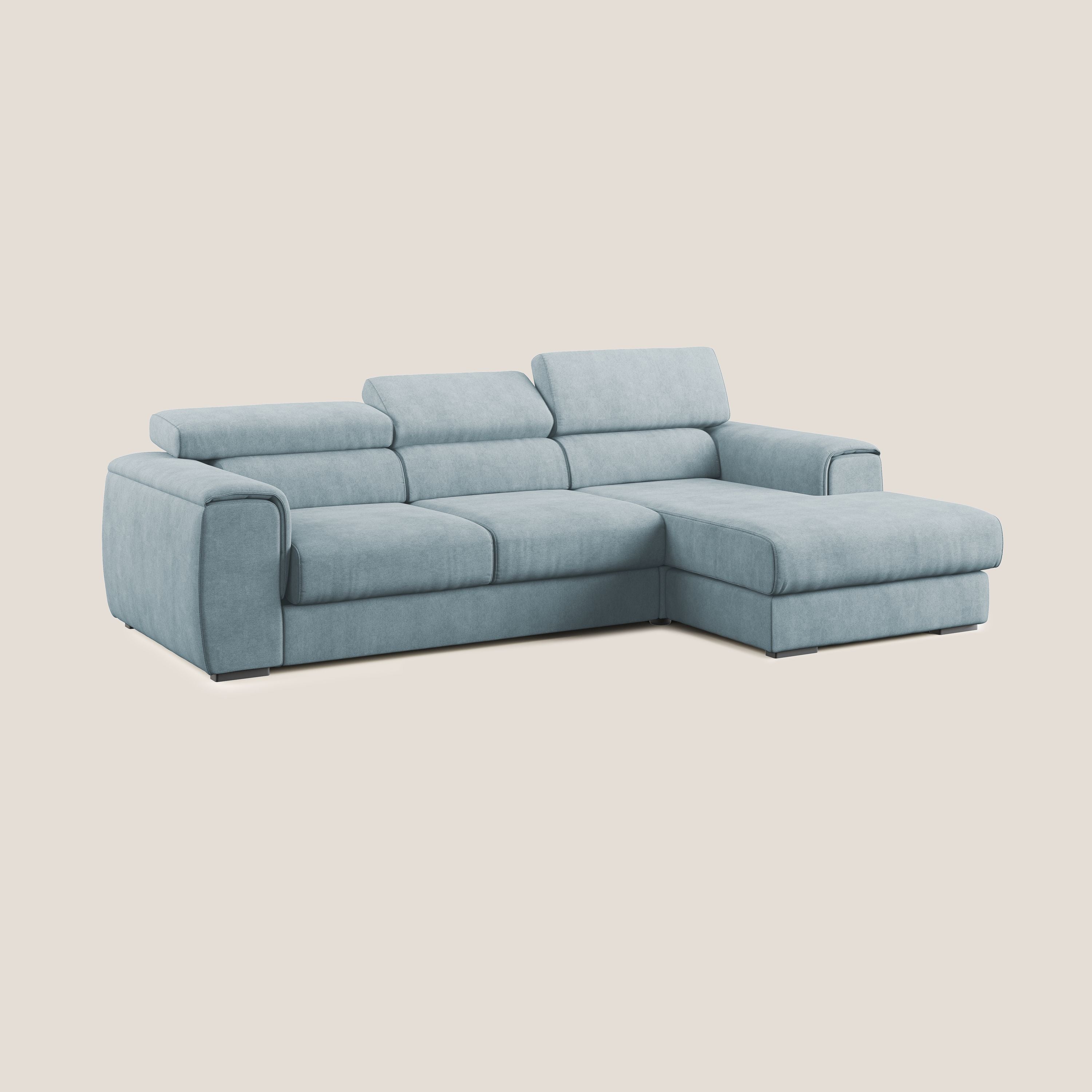 Zeno Divano angolare con pouf estraibile poggiapiedi in tessuto morbido impermeabile T02 carta da zucchero - divani.store