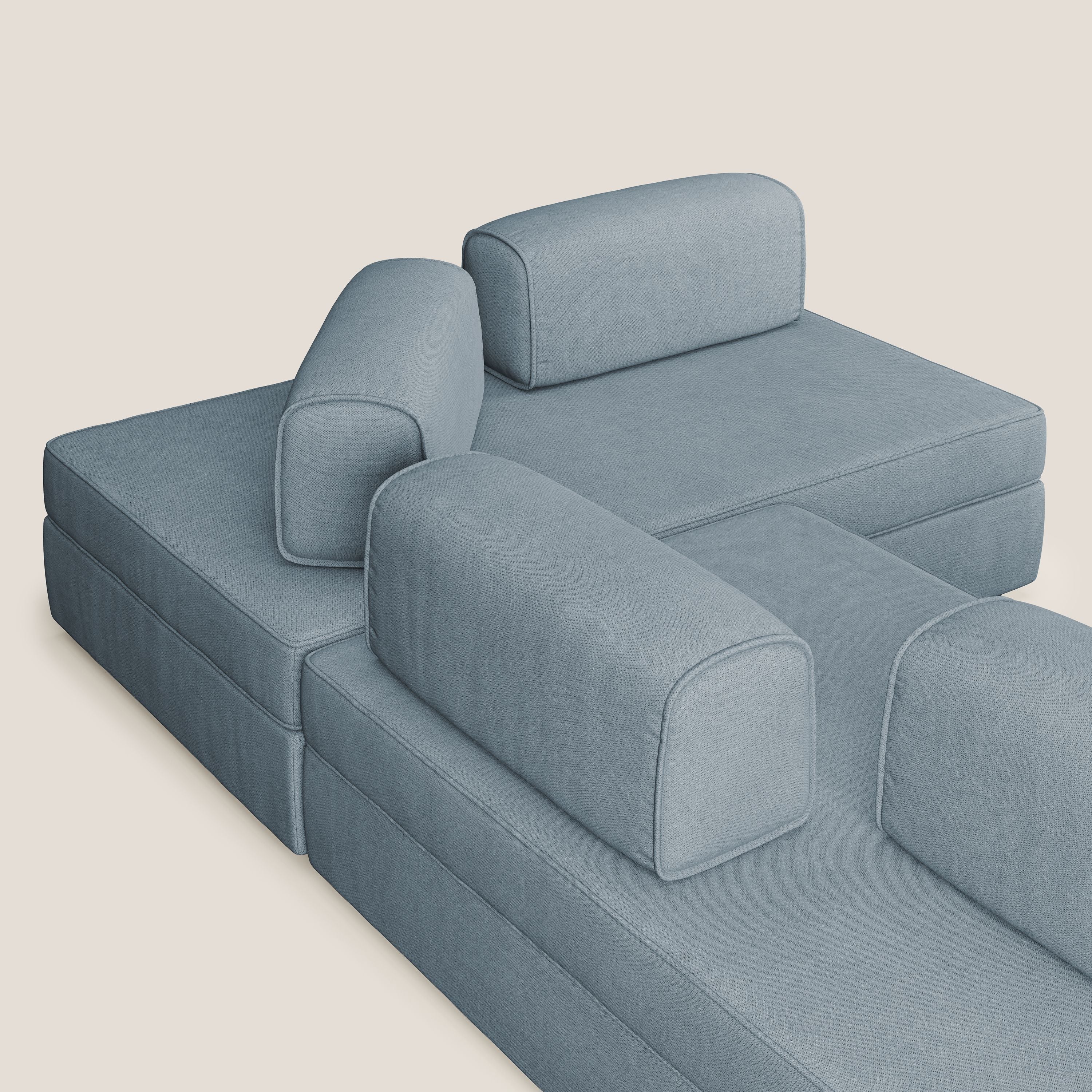 Liberty divano angolare con pouf estraibile e schienali movibili in tessuto morbido impermeabile T02 carta da zucchero - divani.store