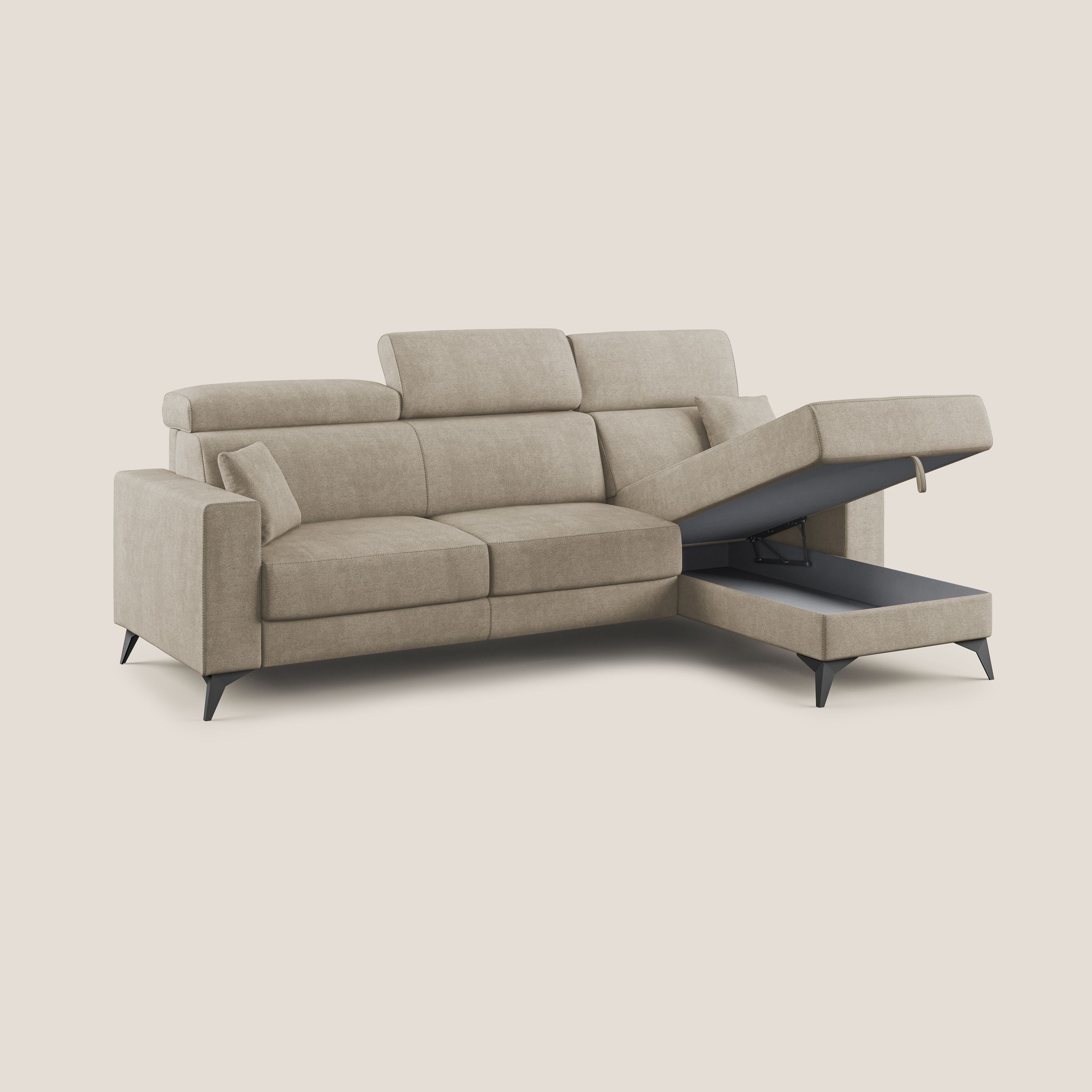 Pegaso divano letto angolare con poggiatesta reclinabili e rivestimento impermeabile T02 beige - divani.store