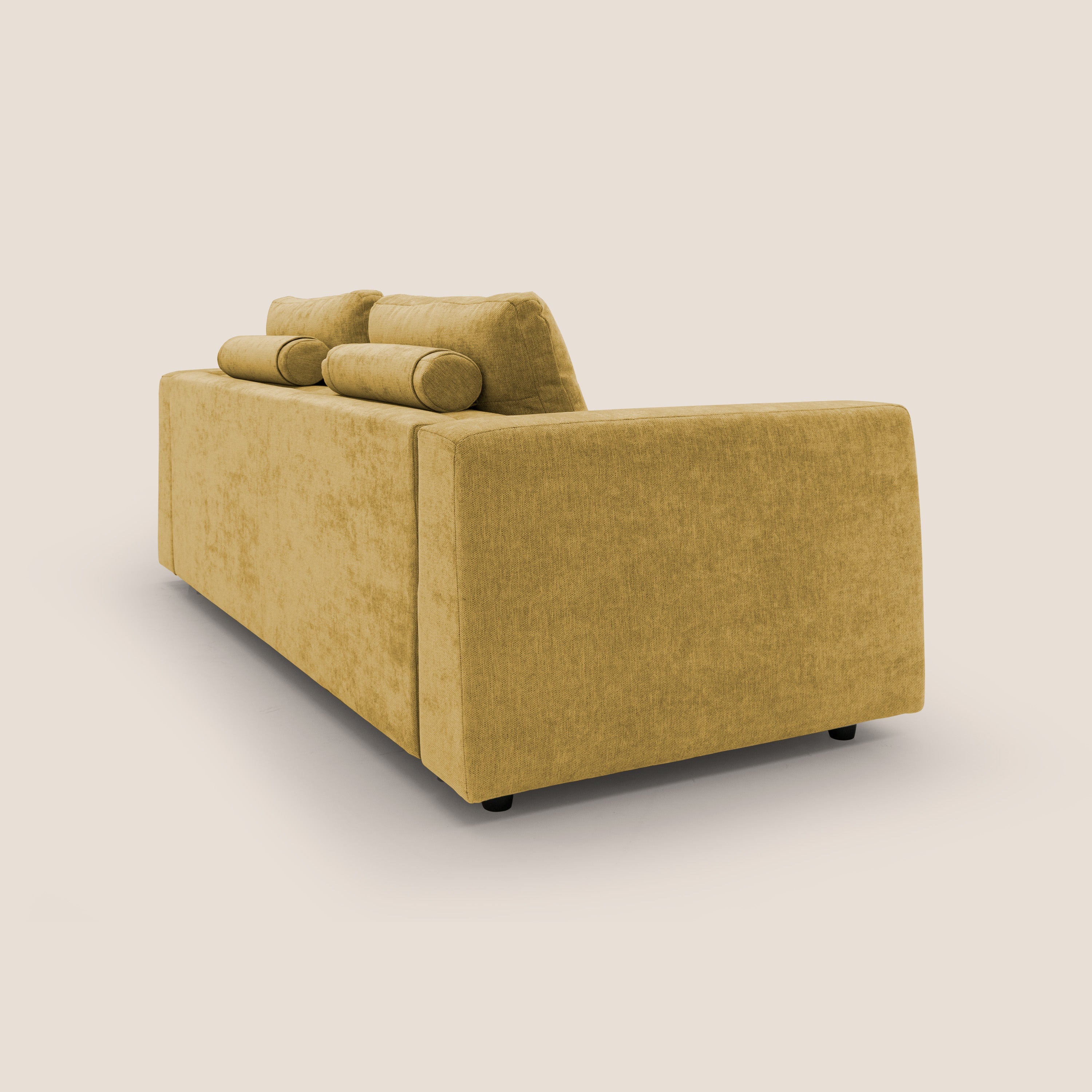 Freia Divano letto minimal materasso h15 cm con morbidi schienali in tessuto impermeabile T14 giallo - divani.store