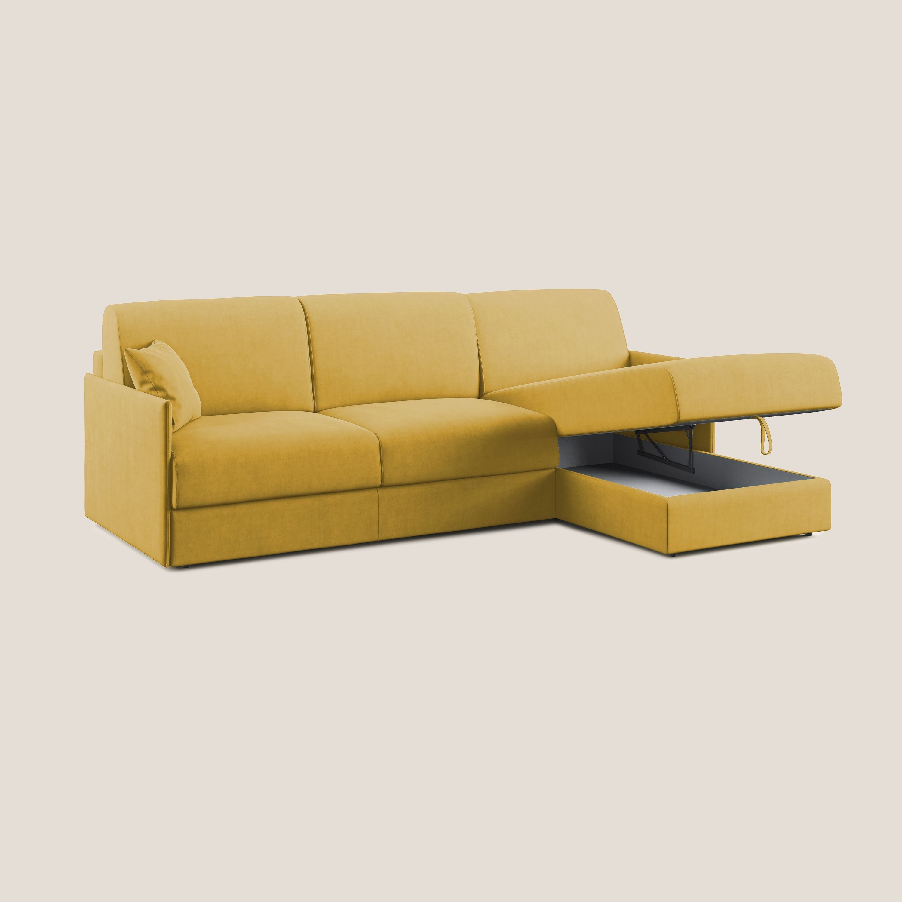 Evans Divano letto angolare con penisola in morbido tessuto impermeabile T02 giallo - divani.store