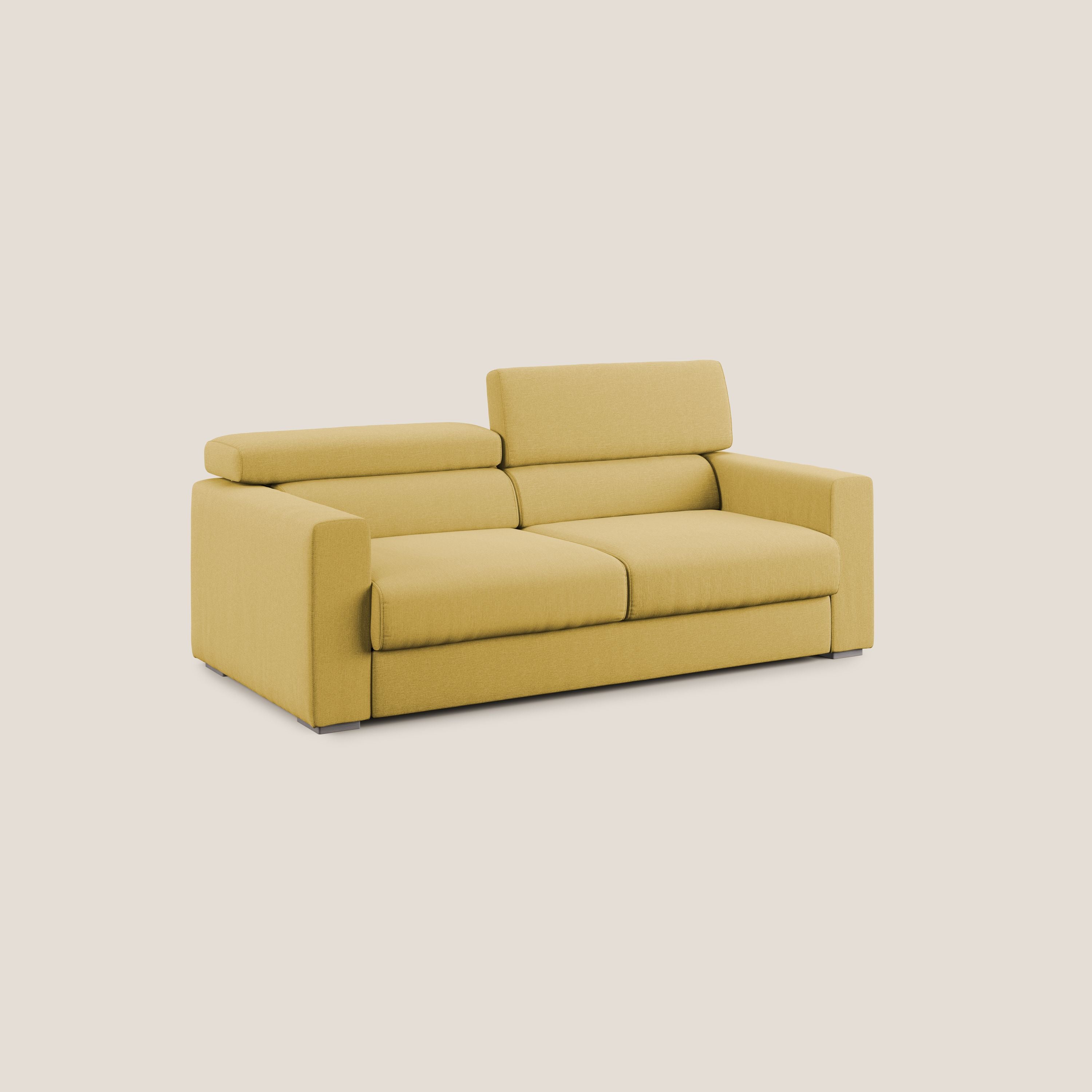 Dylan divano allungabile con pouf estraibile poggiapiedi in tessuto simil cotone impermeabile T13 giallo - divani.store