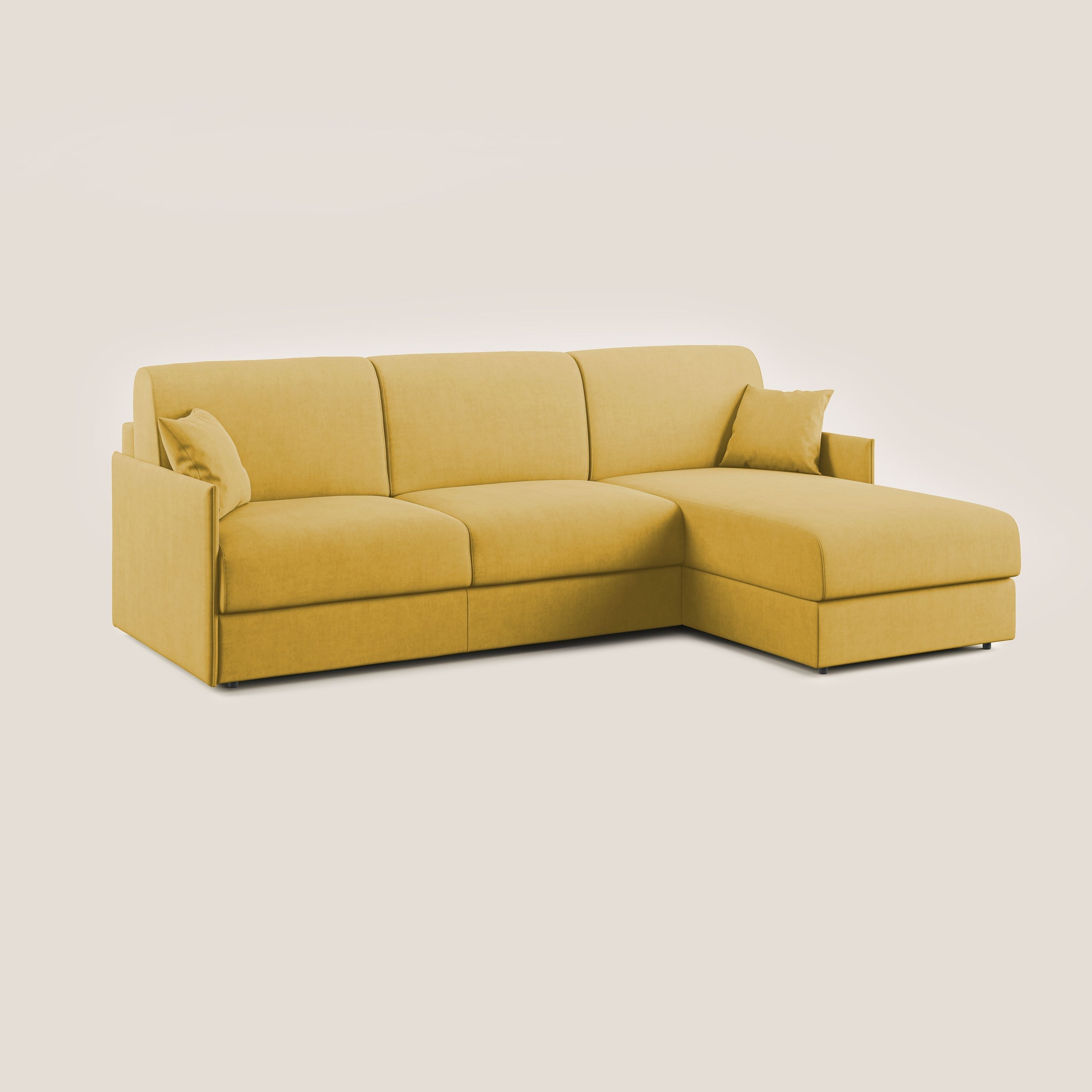 Evans Divano letto angolare con penisola in morbido tessuto impermeabile T02 giallo - divani.store