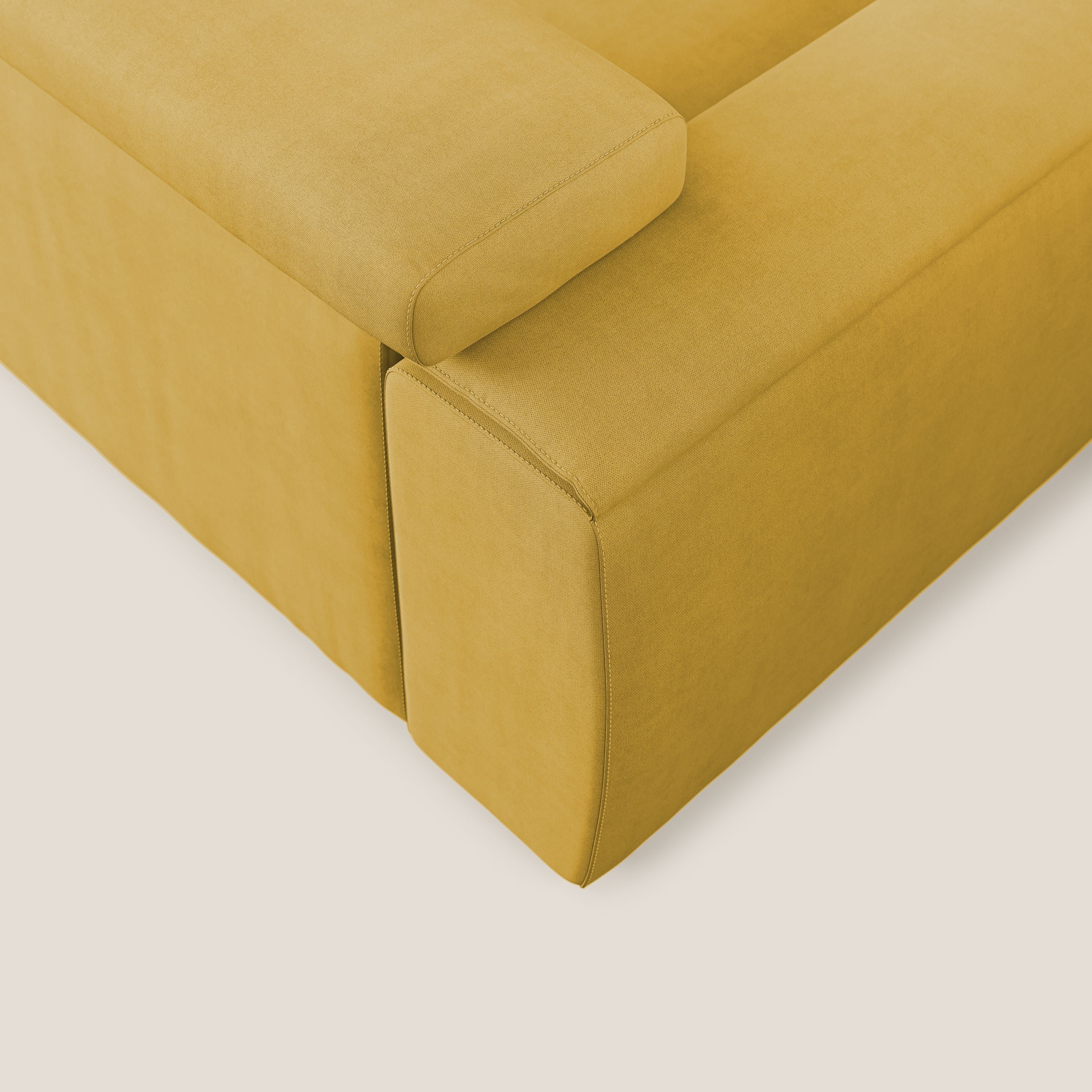 Zeno Divano angolare con pouf estraibile poggiapiedi in tessuto morbido impermeabile T02 giallo - divani.store