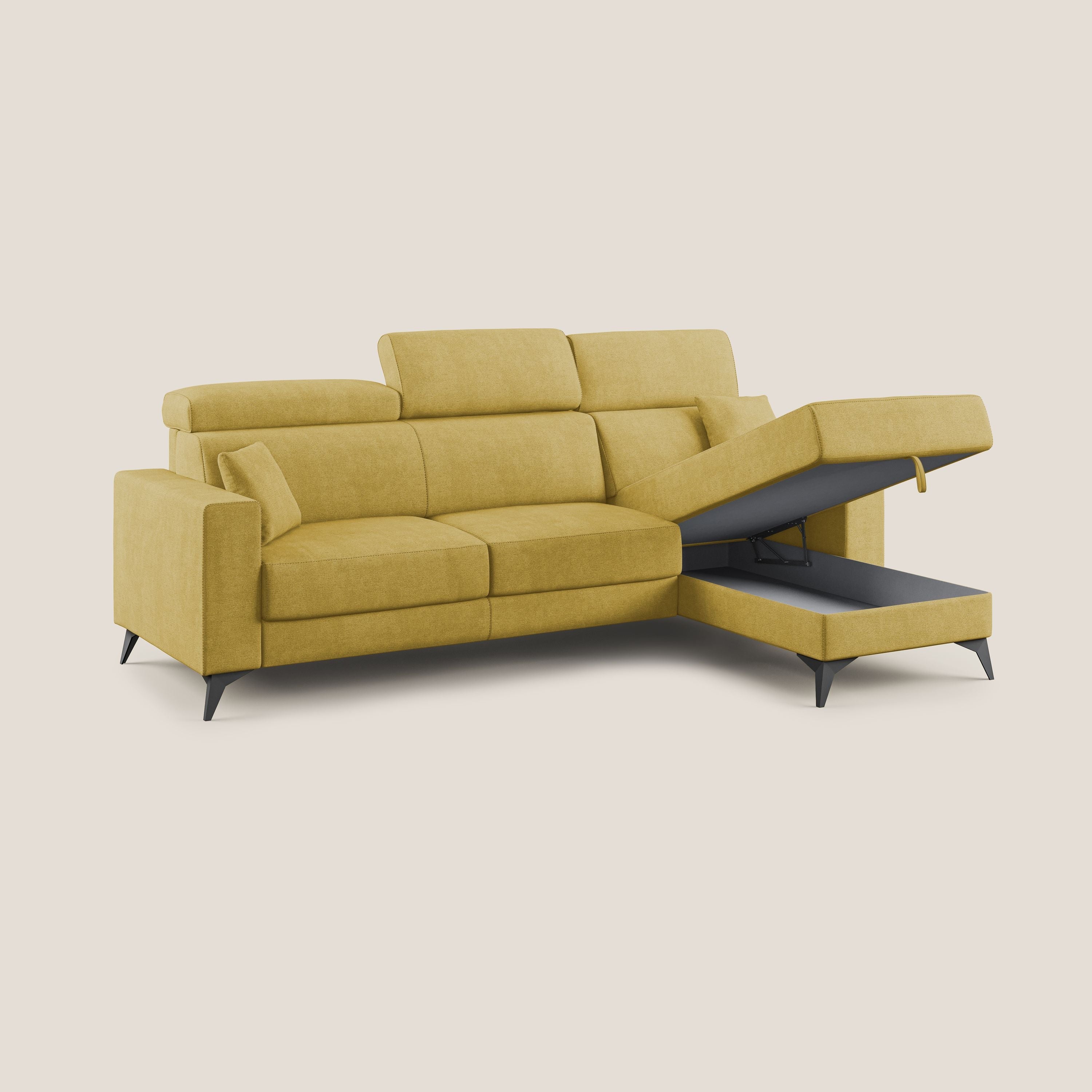 Pegaso divano letto angolare con poggiatesta reclinabili e rivestimento impermeabile T02 giallo - divani.store