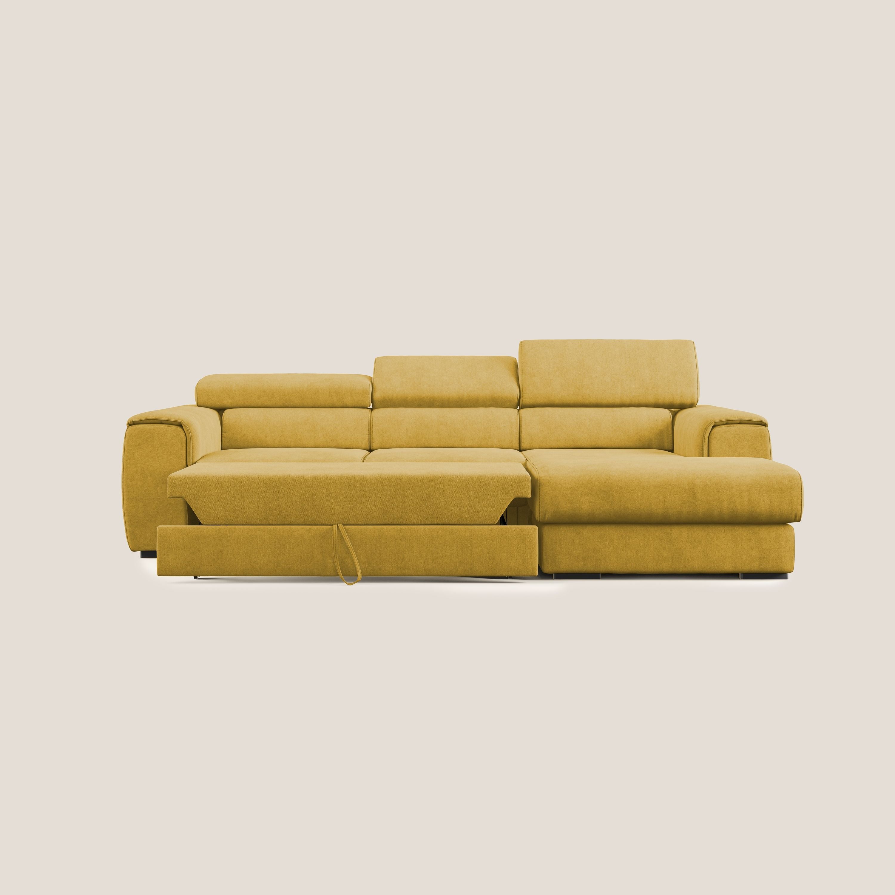 Zeno Divano angolare con pouf estraibile poggiapiedi in tessuto morbido impermeabile T02 giallo - divani.store