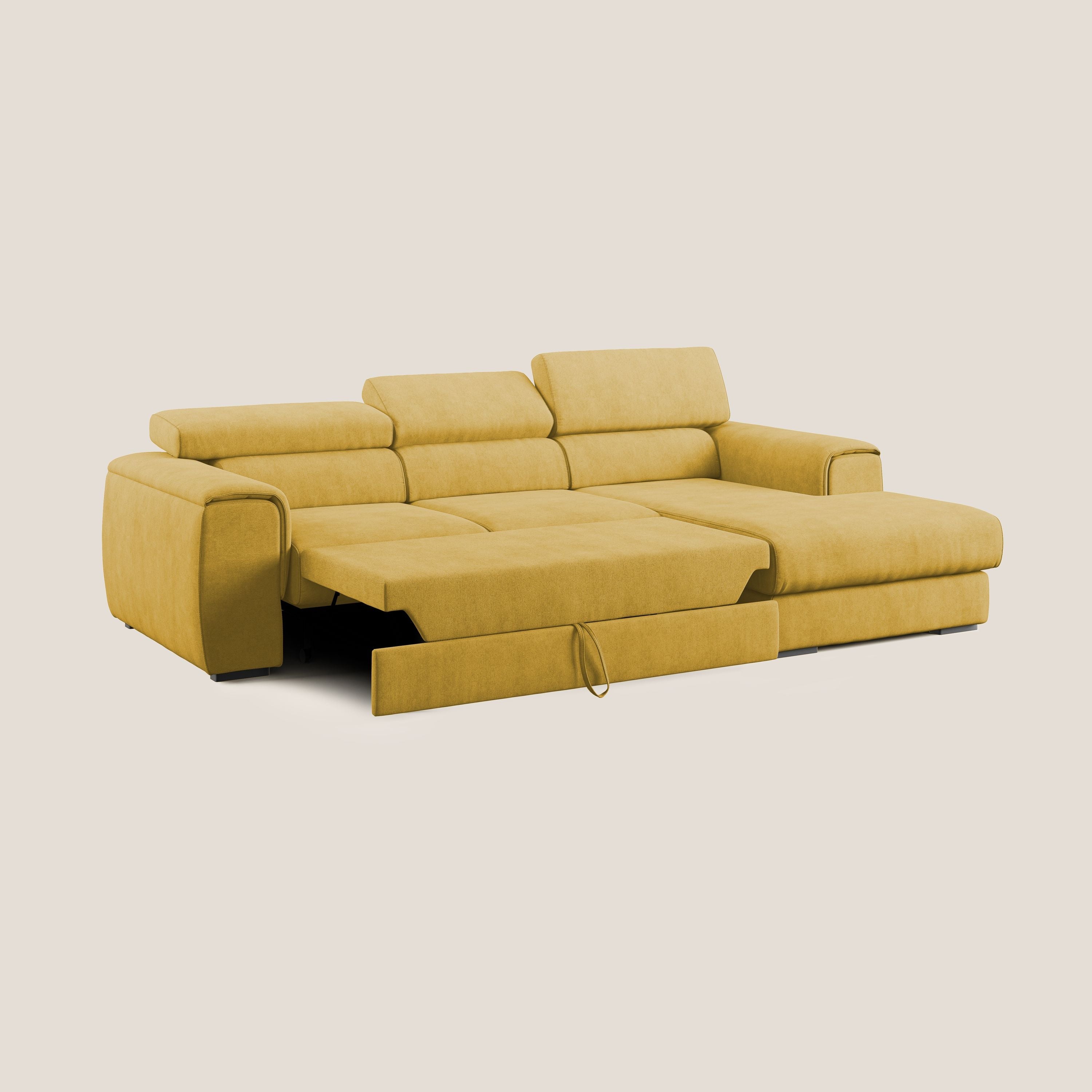 Zeno Divano angolare con pouf estraibile poggiapiedi in tessuto morbido impermeabile T02 giallo - divani.store