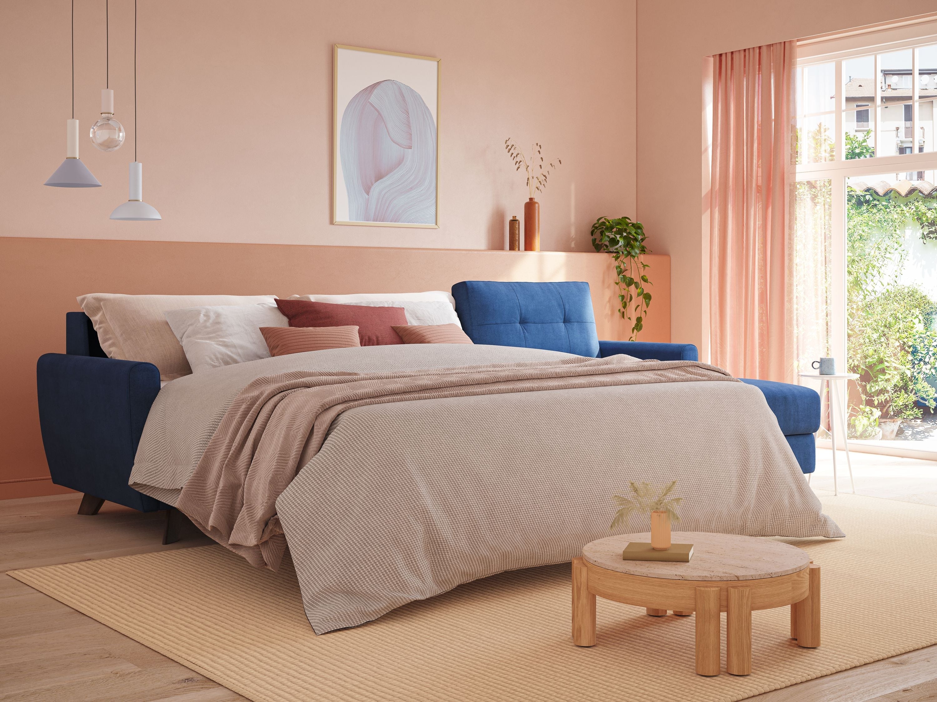 Callisto Divano letto angolare con penisola in tessuto morbido impermeabile T02 giallo - divani.store