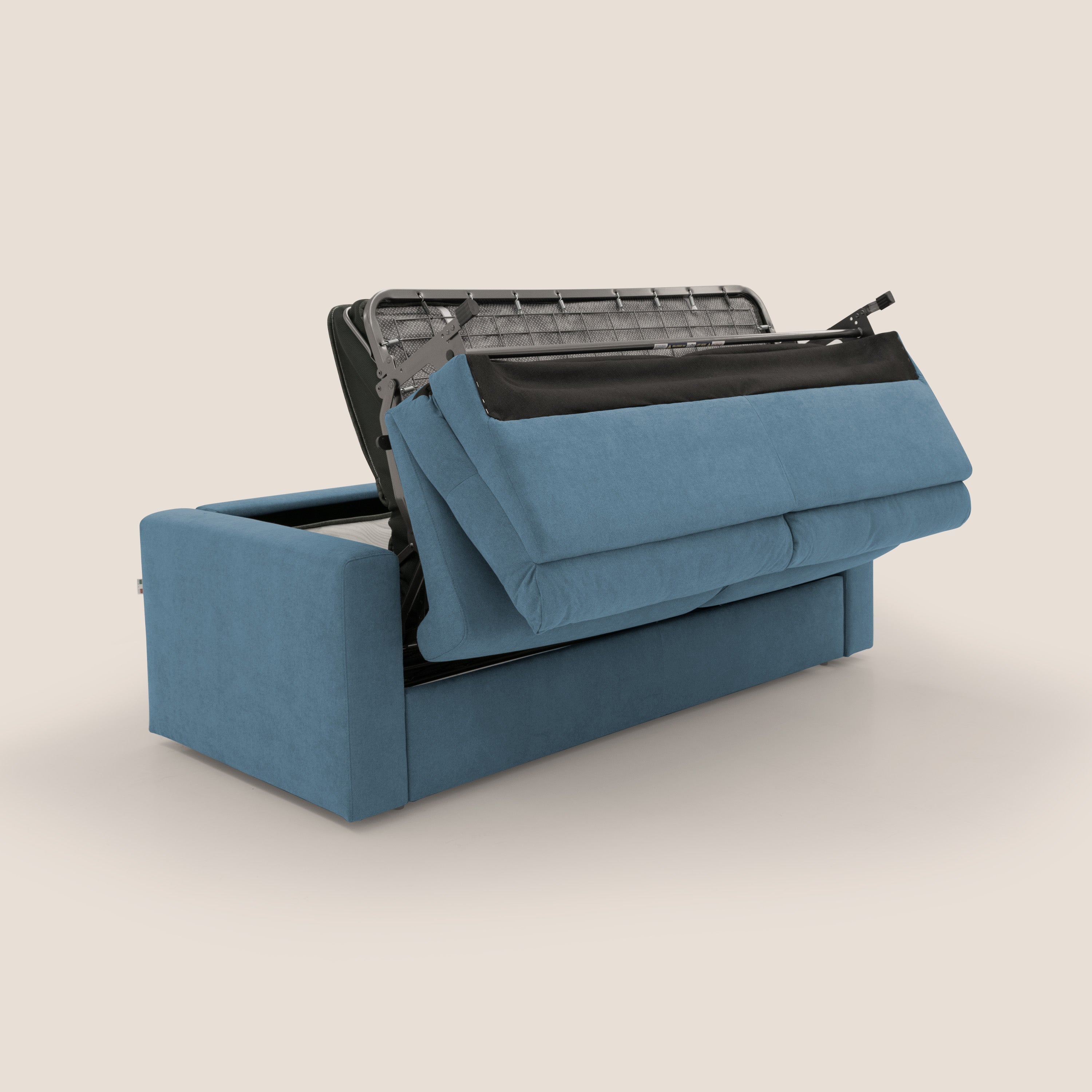 Paloma divano letto con materasso alto 18 cm con Aloe Vera in tessuto impermeabile blu - divani.store