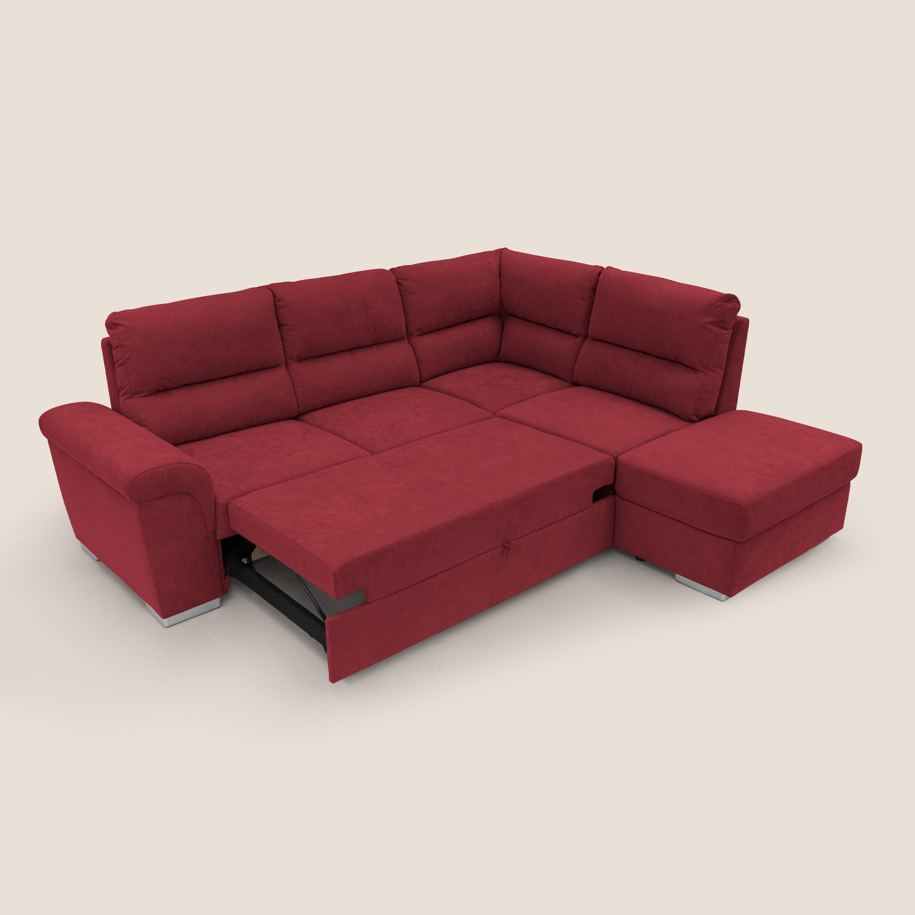Minerva divano angolare con estraibile a cassettone e pouf contenitore in tessuto morbido impermeabile T02 rosso - divani.store