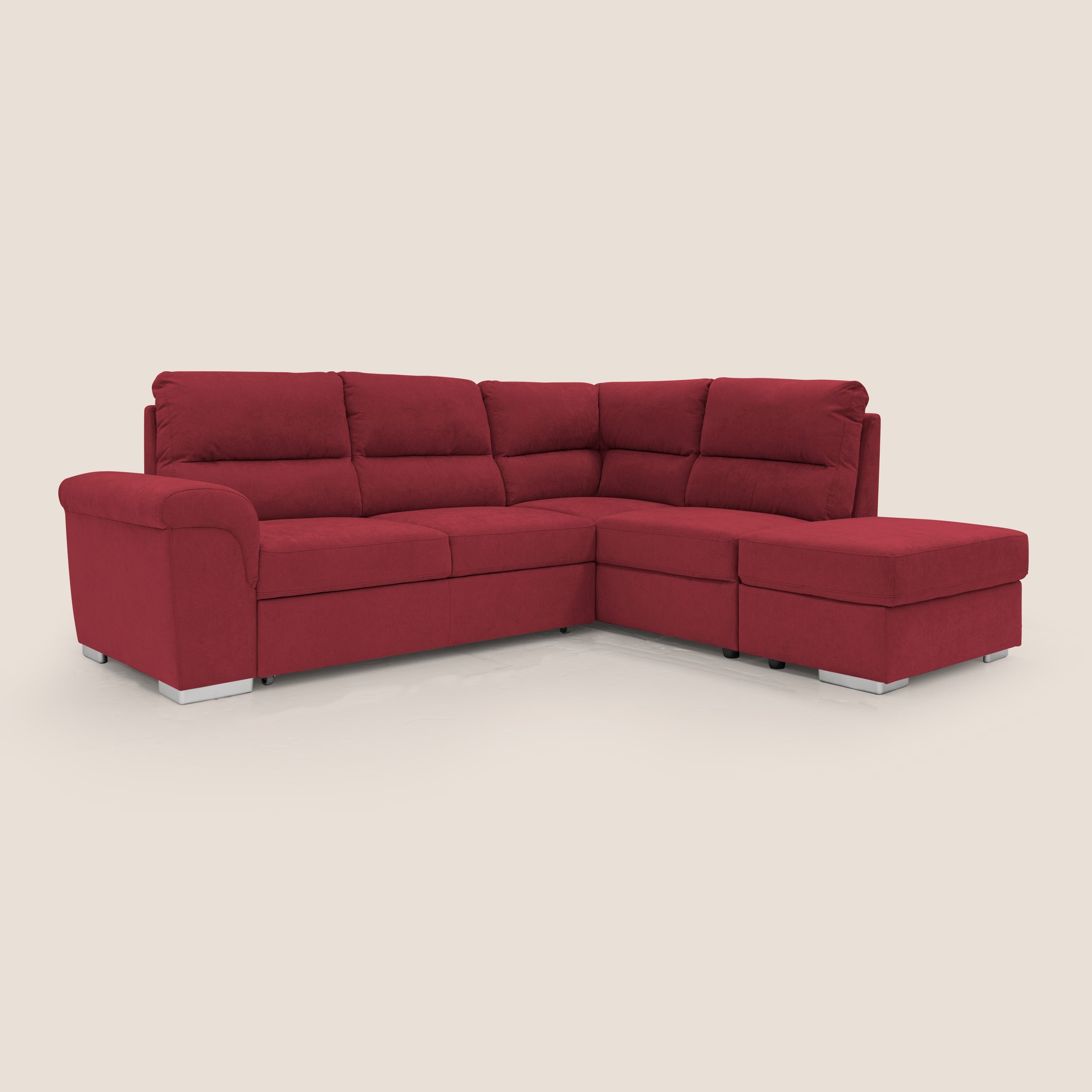Minerva divano angolare con estraibile a cassettone e pouf contenitore in tessuto morbido impermeabile T02 rosso - divani.store