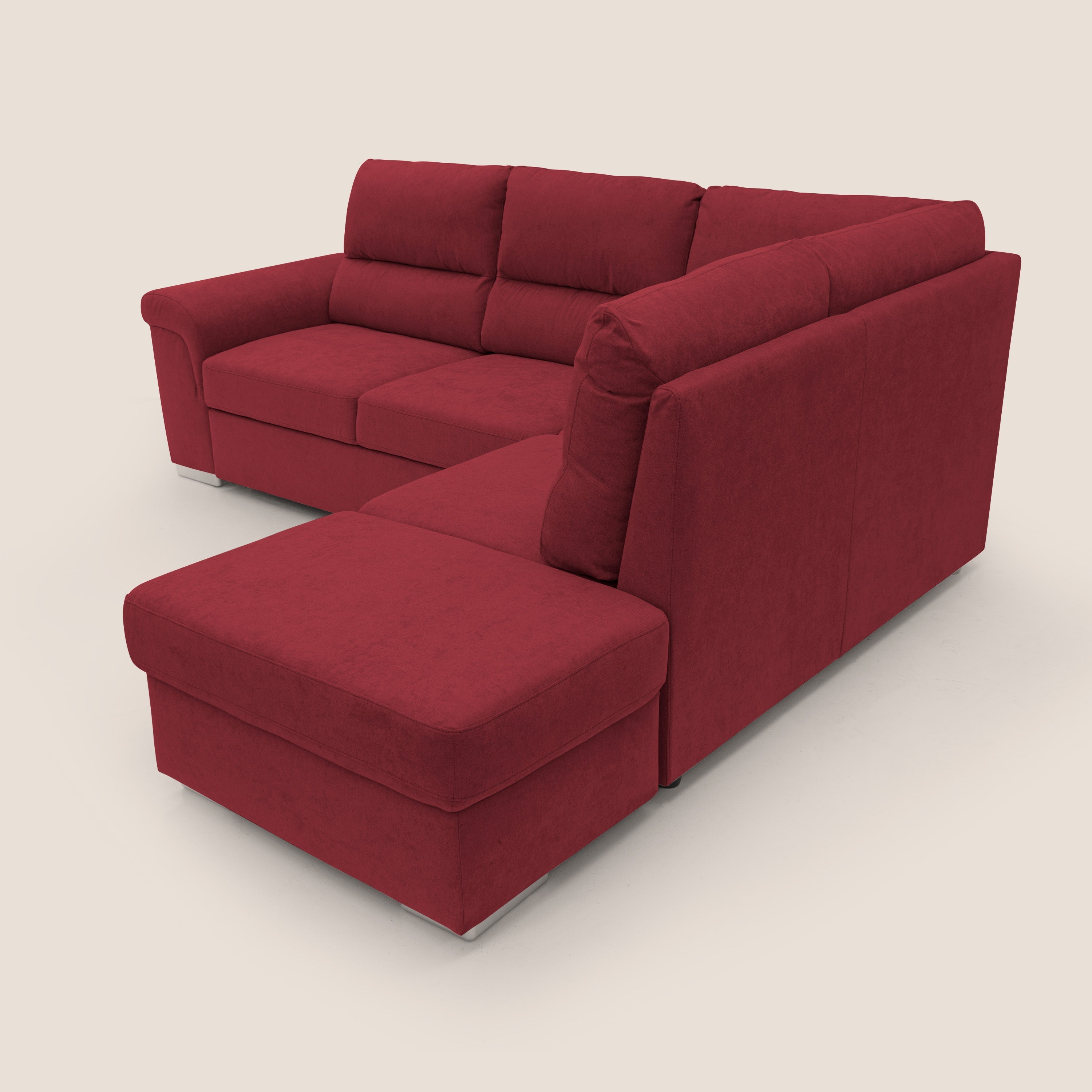 Minerva divano angolare con estraibile a cassettone e pouf contenitore in tessuto morbido impermeabile T02 rosso - divani.store