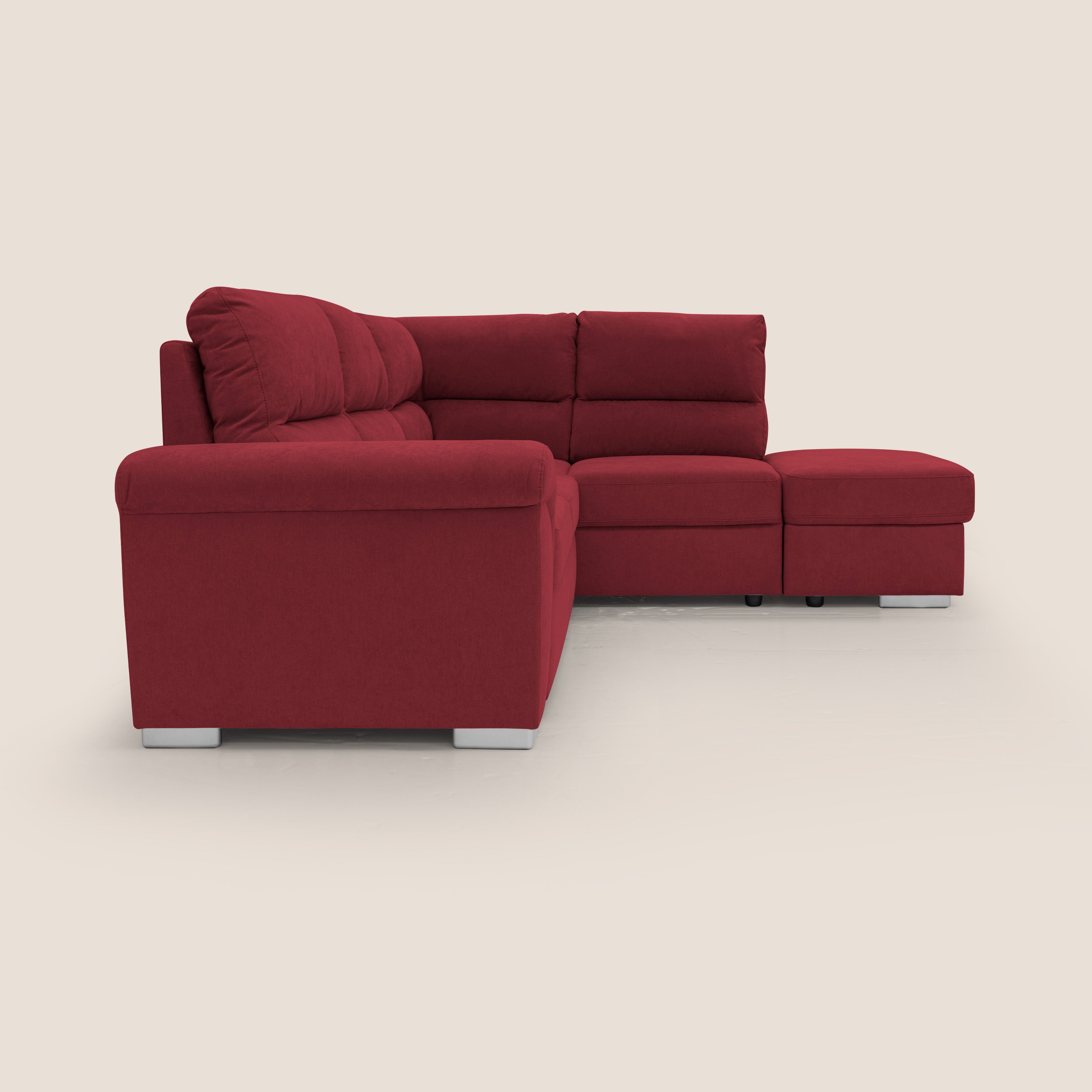 Minerva divano angolare con estraibile a cassettone e pouf contenitore in tessuto morbido impermeabile T02 rosso - divani.store