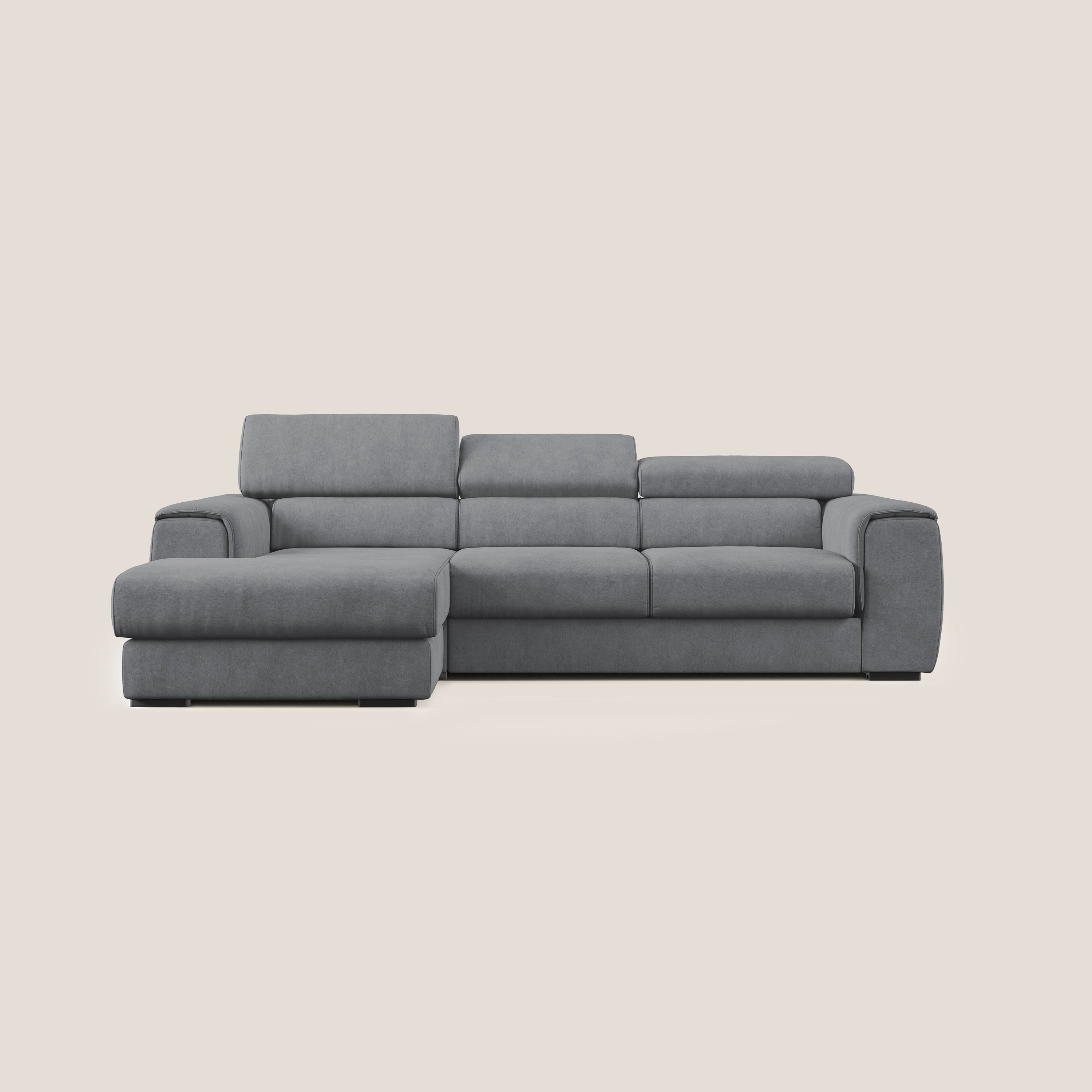 Zeno Divano angolare con pouf estraibile poggiapiedi in tessuto morbido impermeabile T02 grigio - divani.store