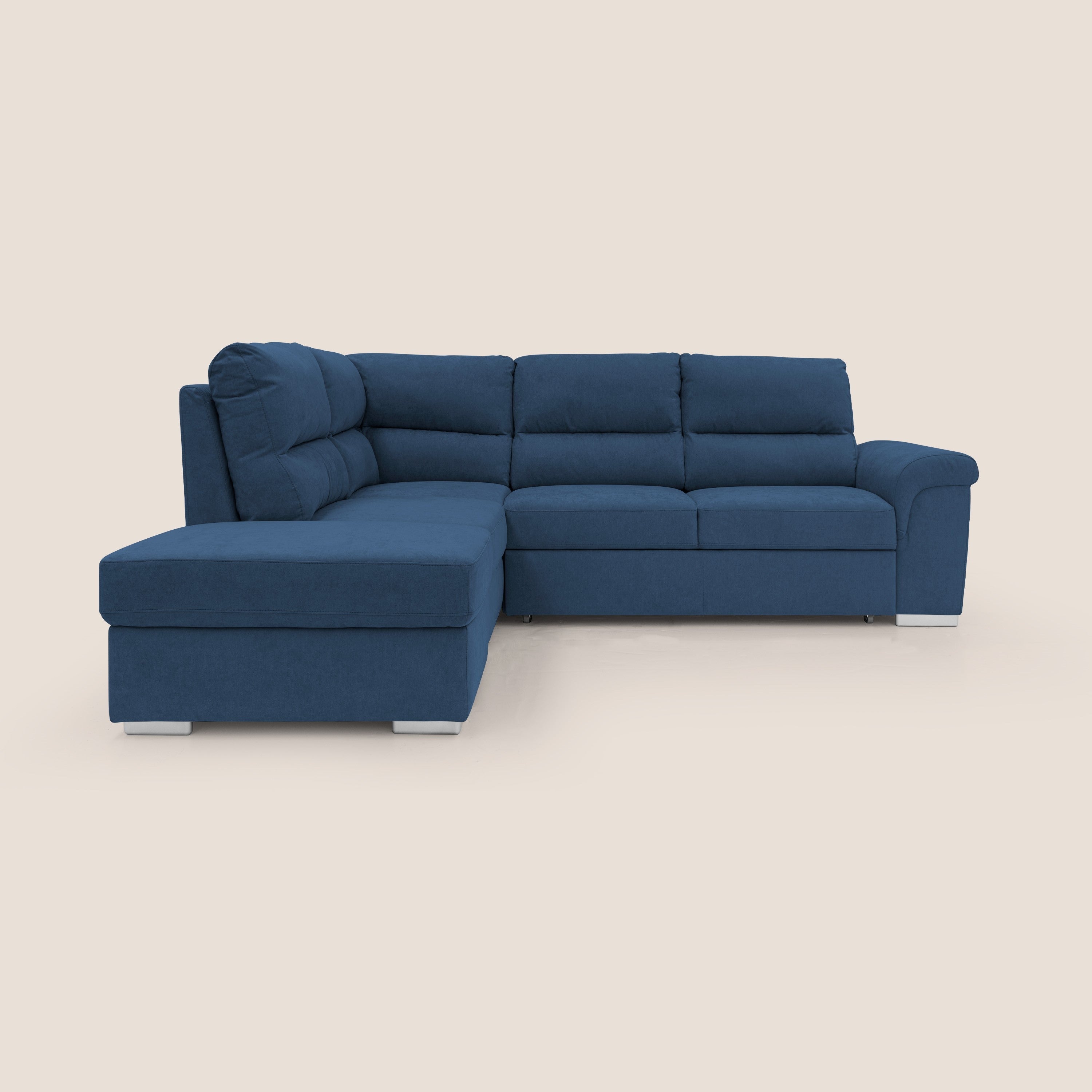Minerva divano angolare con estraibile a cassettone e pouf contenitore in tessuto morbido impermeabile T02 blu - divani.store