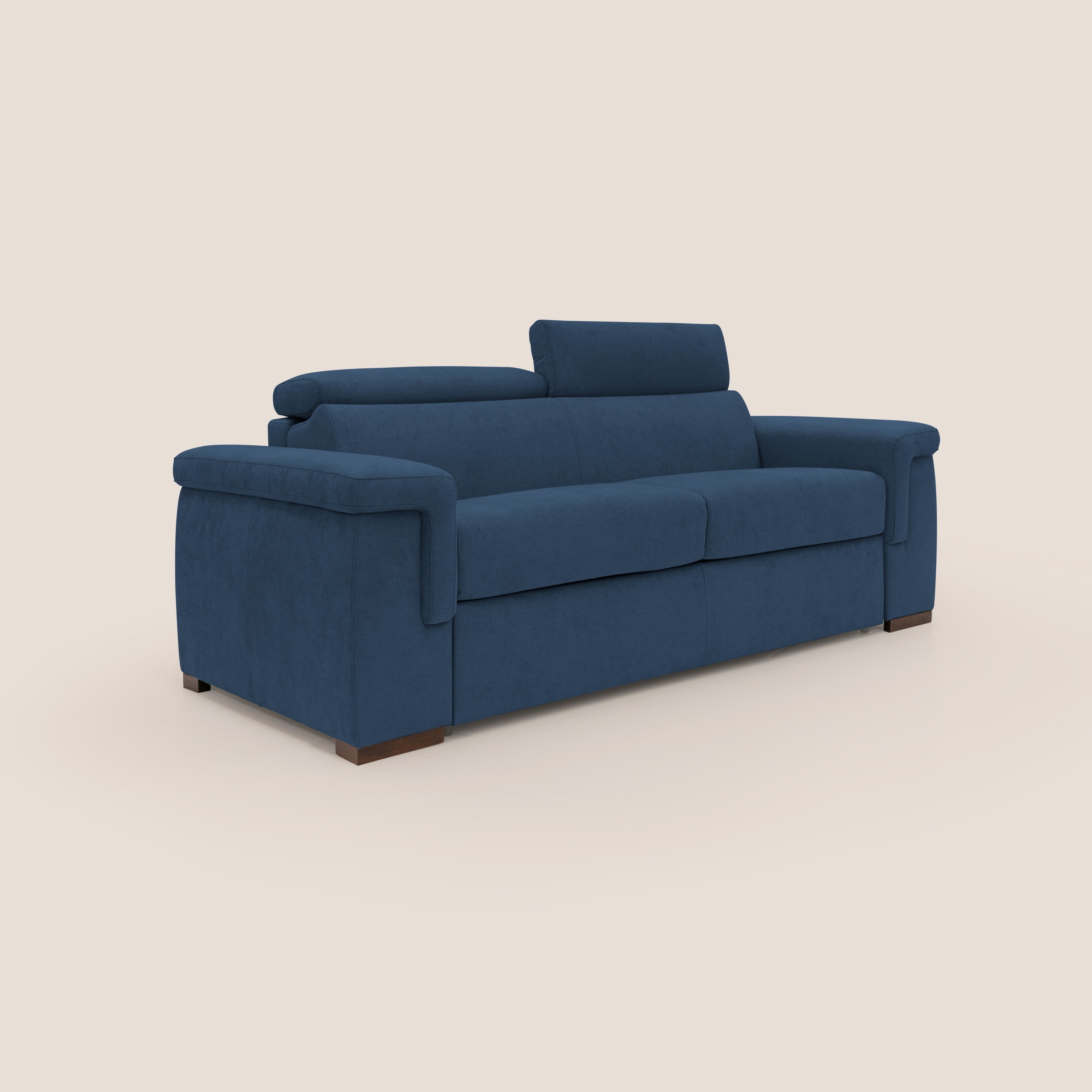 Giunone divano letto con materasso alto 18 cm e poggiatesta reclinabili in tessuto impermeabile T02 blu - divani.store