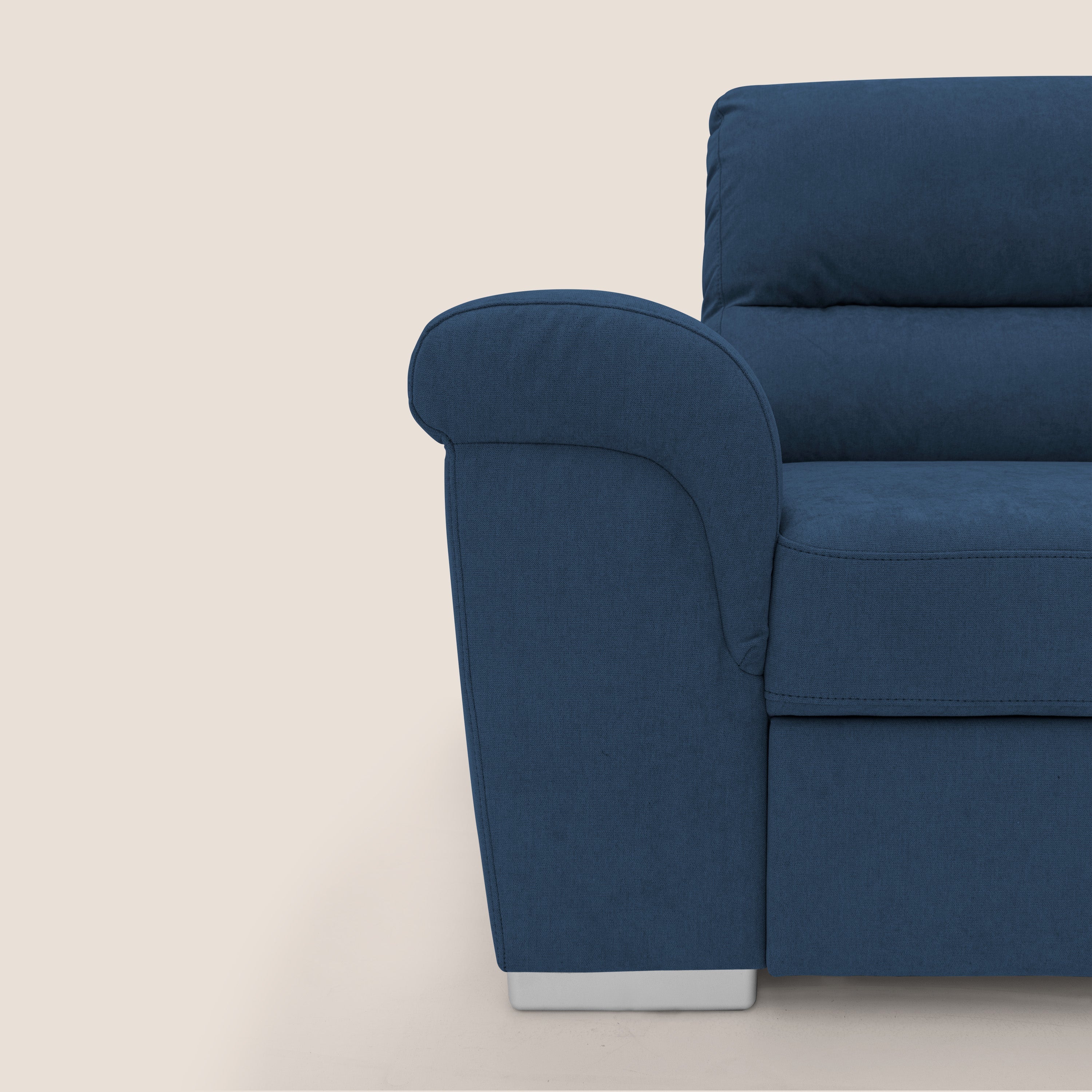 Minerva divano angolare con estraibile a cassettone e pouf contenitore in tessuto morbido impermeabile T02 blu - divani.store
