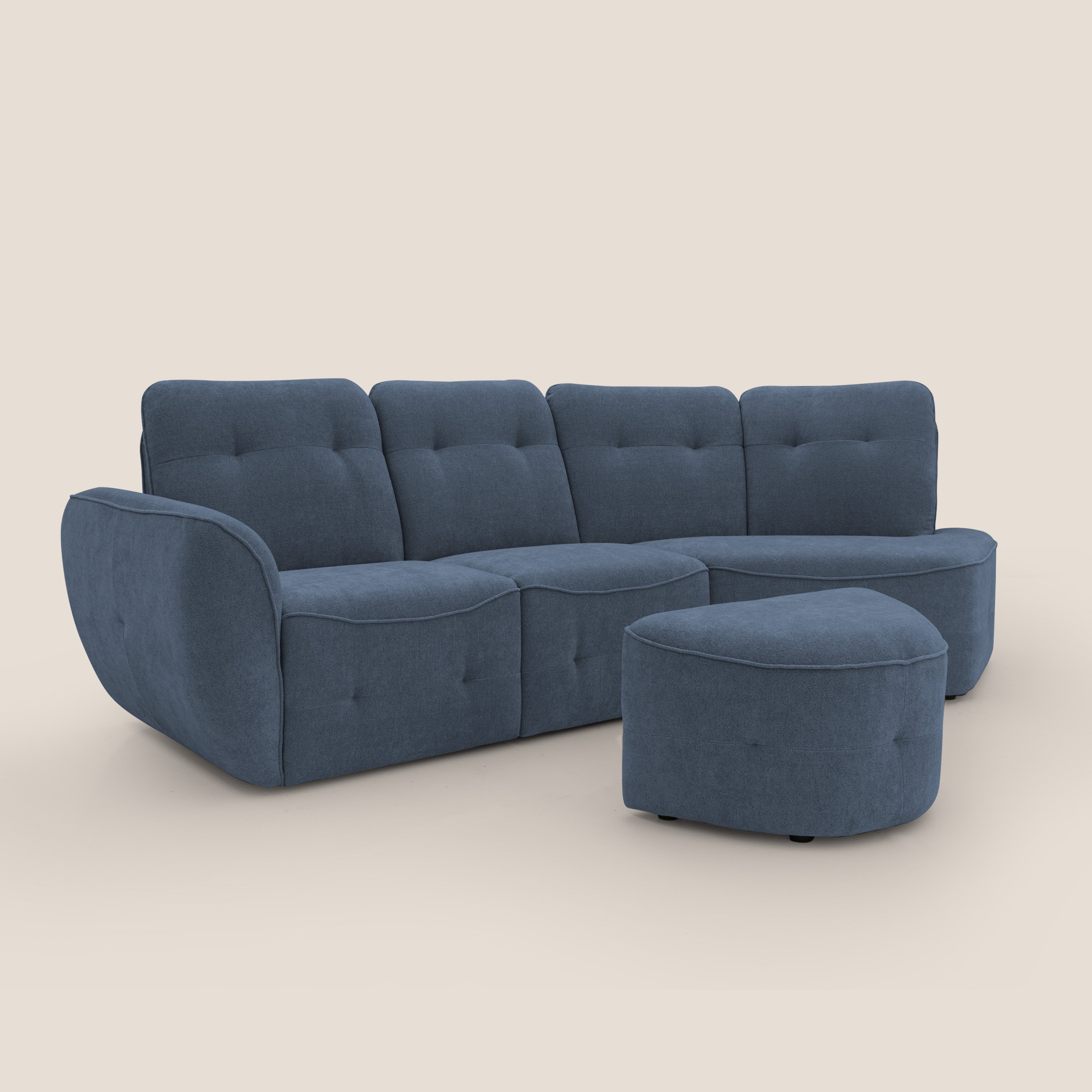 Cerbero divano angolare con pouf mobile in morbido bouclé impermeabile T07 blu - divani.store