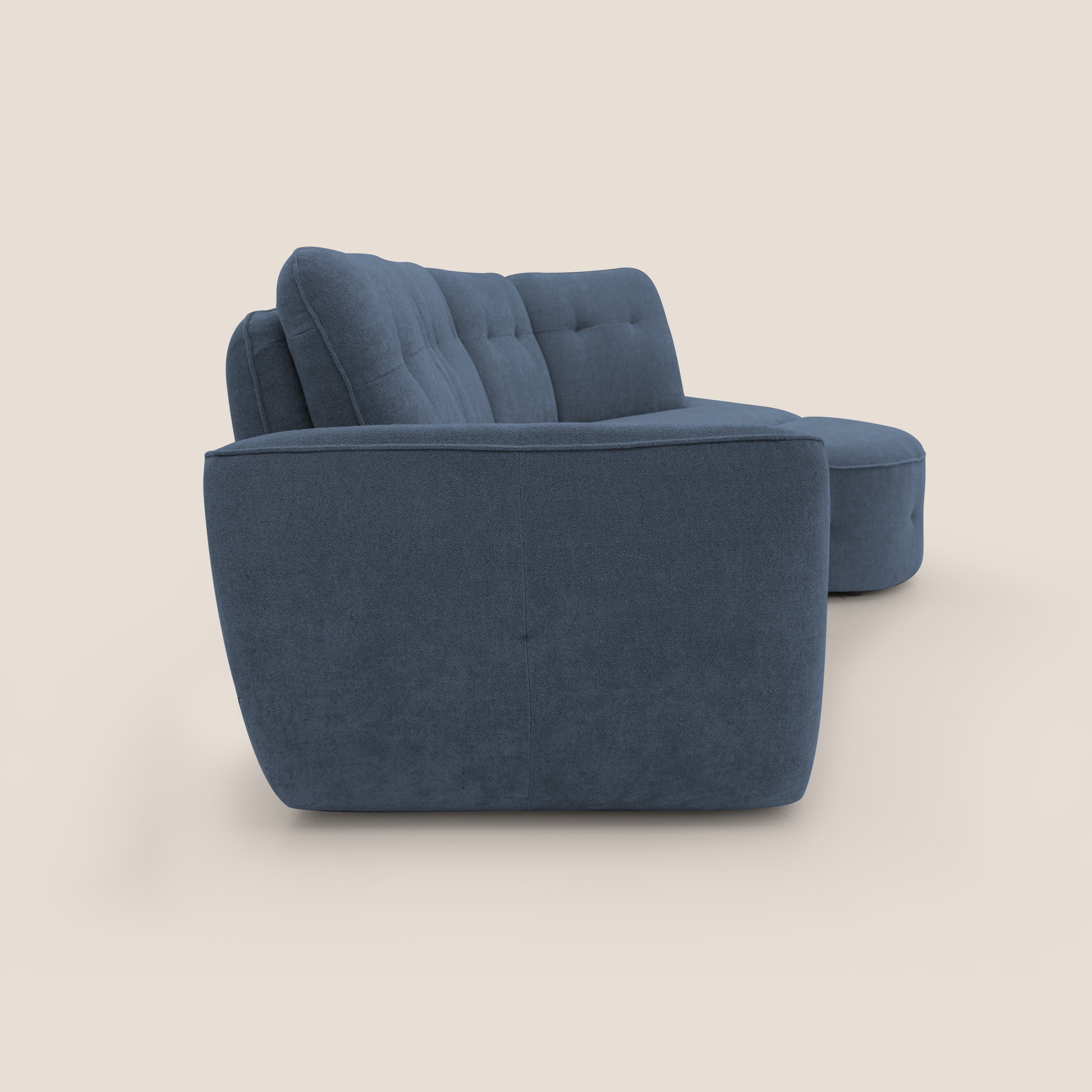Cerbero divano angolare con pouf mobile in morbido bouclé impermeabile T07 blu - divani.store
