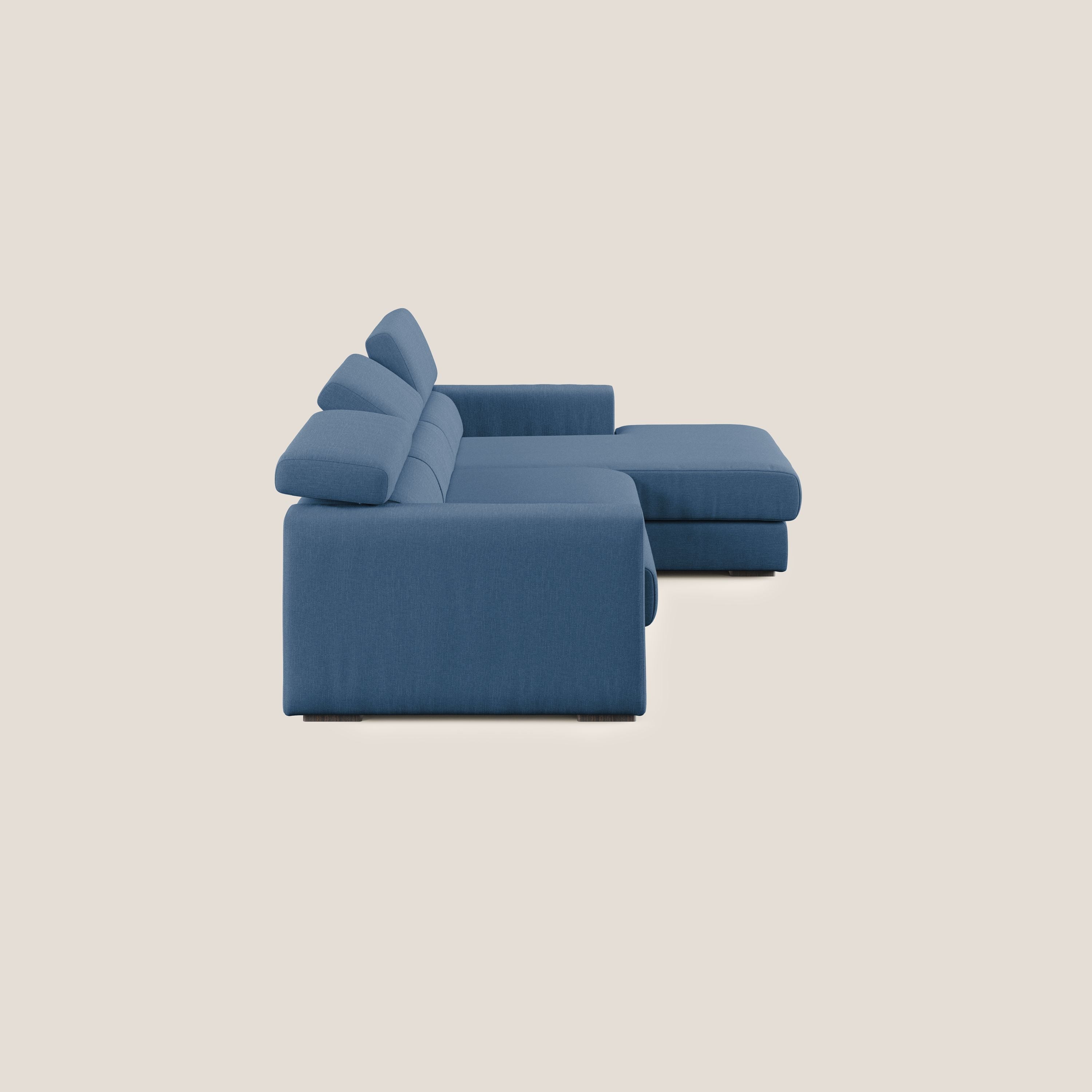 Dylan divano angolare con pouf estraibile poggiapiedi in tessuto simil cotone impermeabile T13 blu - divani.store